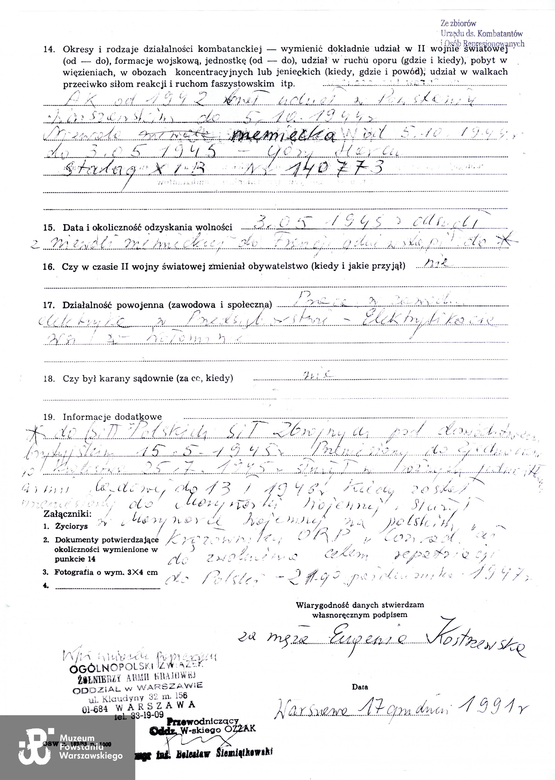 Muzeum Powstania Warszawskiego, Teczki personalne uczestników Powstania Warszawskiego: Kostrzewski Henryk, kopia kwestionariusza UdsKiOR