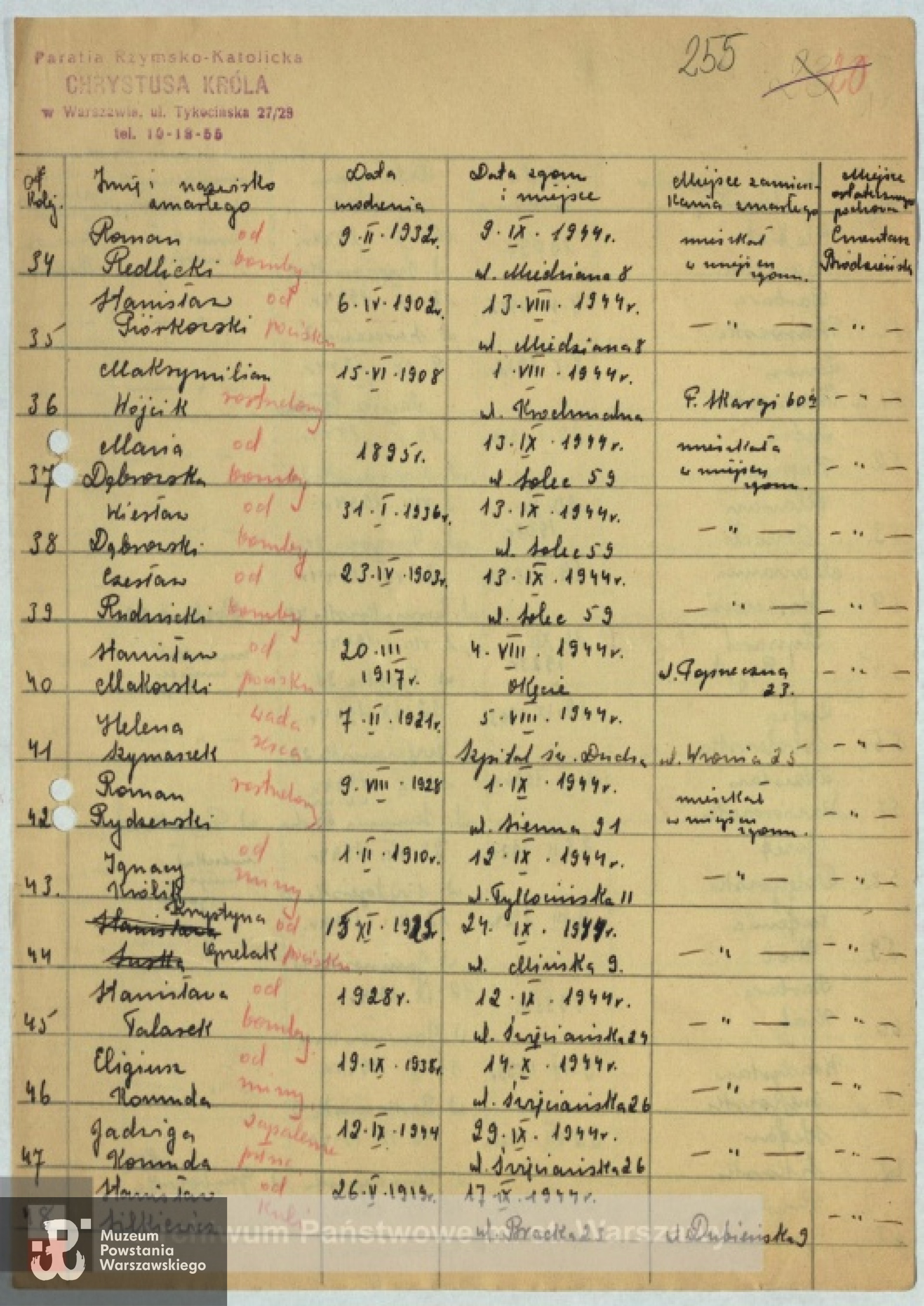 Lista ekshumacyjna ze zbiorów Archiwum Państwowego m. st. Warszawy