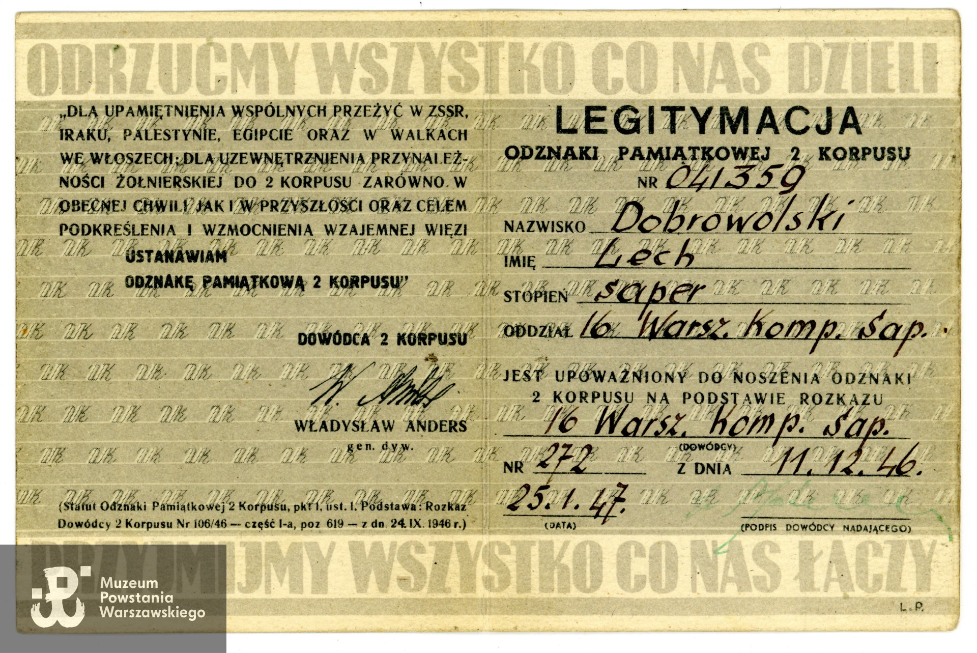 Legitymacja odznaki pamiątkowej 2 Korpusu PSZ. Ze zbiorów rodzinnych p. Ireneusza Dobrowolskiego, syna Powstańca