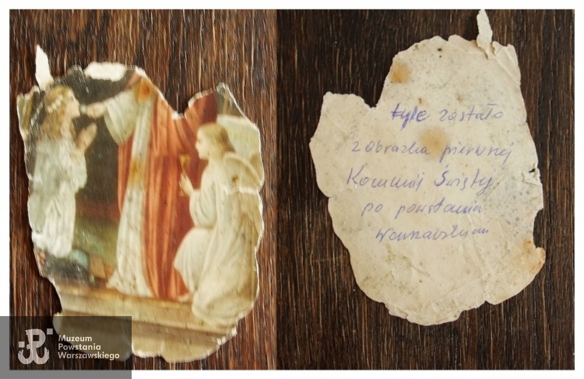 Fragment obrazka - pamiątki I Komunii Świętej - ocalały z Powstania. Fot. z archiwum rodzinnego Marii Holki.