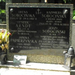 Cmentarz Powązkowski w Warszawie (Stare Powązki), kwatera 50, rząd 1, grób 13 (z roku 1937 - Sobocińscy, Arndt, Papierzyńscy). W tym samym grobie pochowany jest Powstaniec Warszawski Jerzy Sobociński ps. Mir (1925-2007).