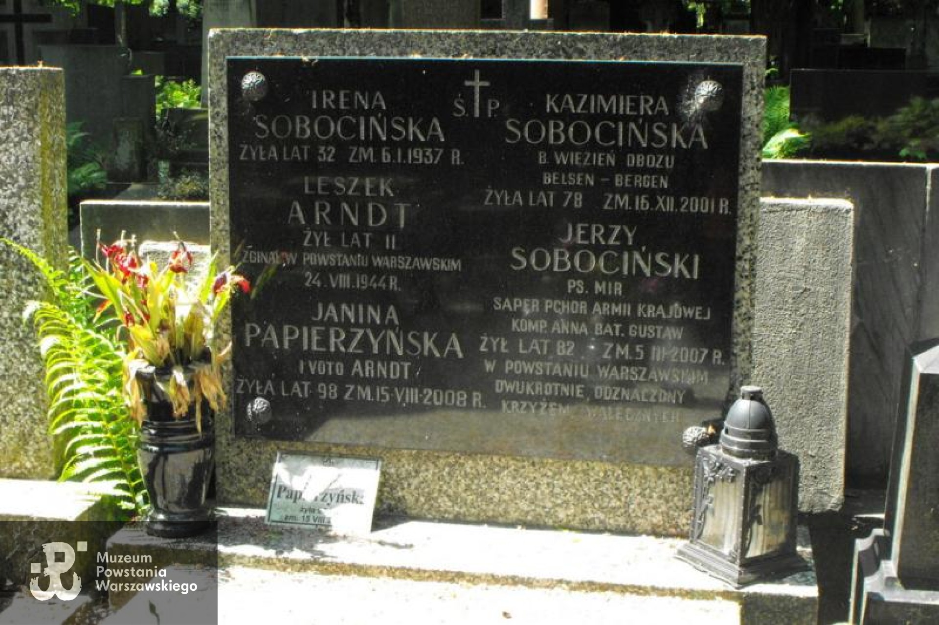 Cmentarz Powązkowski w Warszawie (Stare Powązki), kwatera 50, rząd 1, grób 13 (z roku 1937 - Sobocińscy, Arndt, Papierzyńscy). W tym samym grobie pochowany jest Powstaniec Warszawski Jerzy Sobociński ps. Mir (1925-2007).