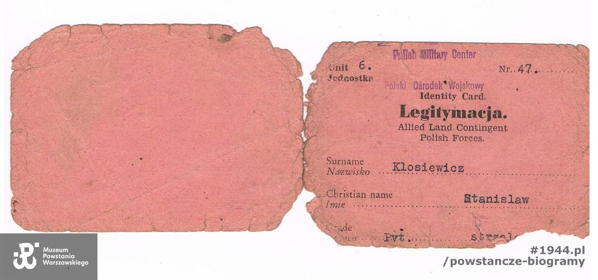 Należąca do Stanisława legitymacja  Allied Land Contingent Polish Forces. Z archiwum rodzinnego syna, p. Krzysztofa Kłosiewicza