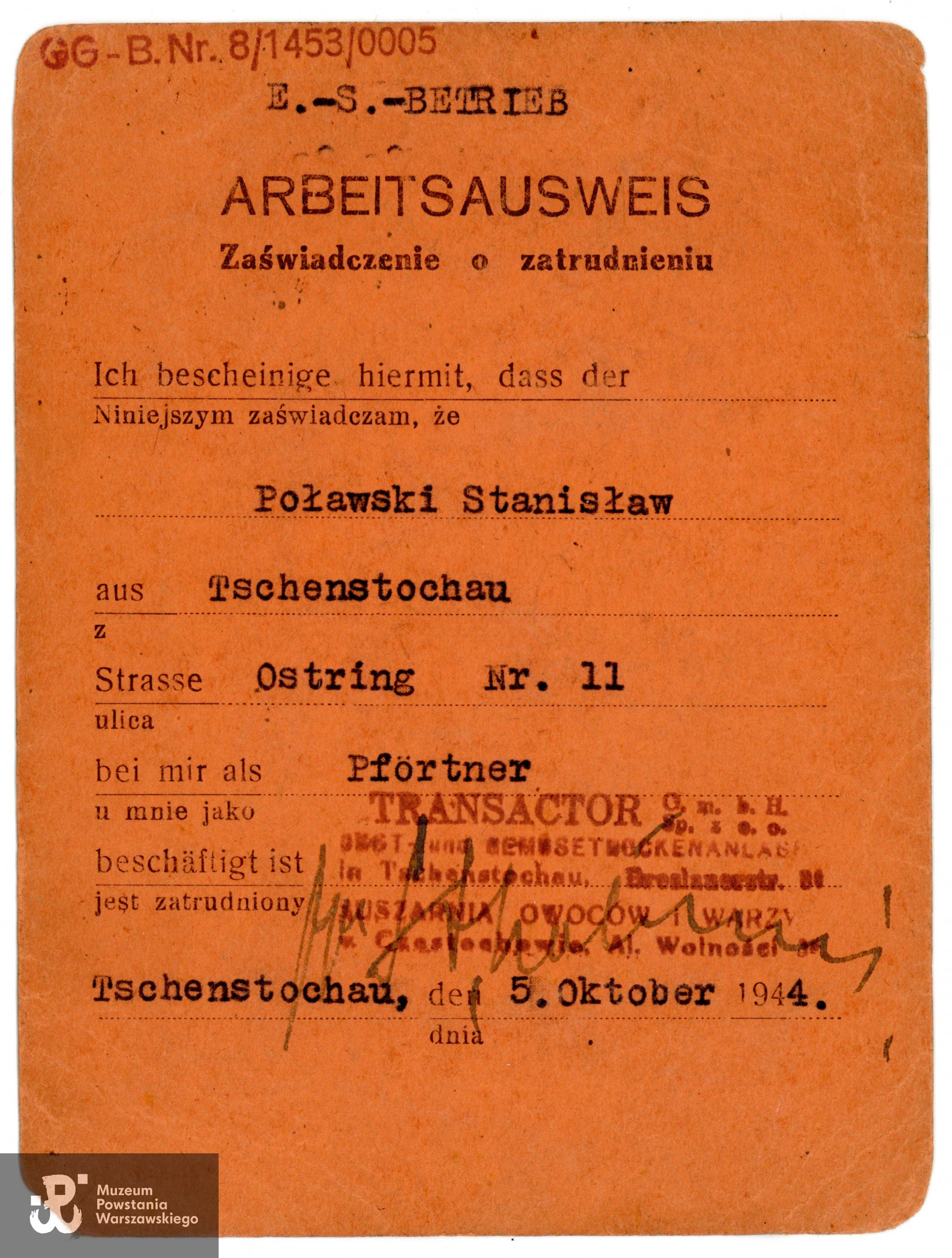 Arbeitsausweis. Dokument z archiwum rodzinnego p. Pawła Poławskiego, syna Powstańca. Skan wykonano w Muzeum Powstania Warszawskiego w grudniu 2023. 