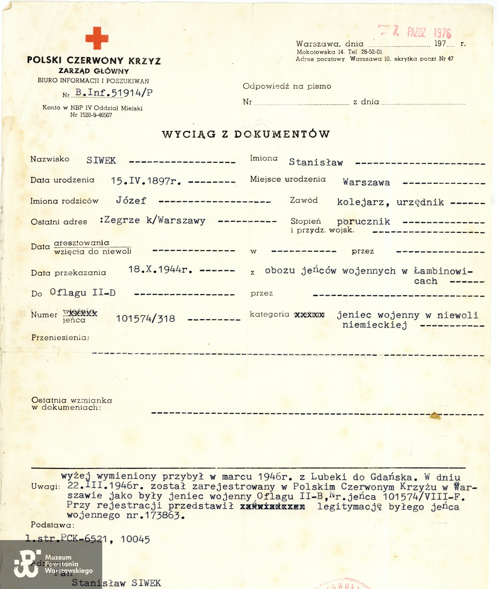 Pismo z Biura Informacji i Poszukiwań Polskiego Czerwonego Krzyża, 1976 rok. Ze zbiorów rodzinnych p. Sebastiana Włodka, prawnuka Powstańca. Skany wykonano w Muzeum Powstania Warszawskiego, 05/2025