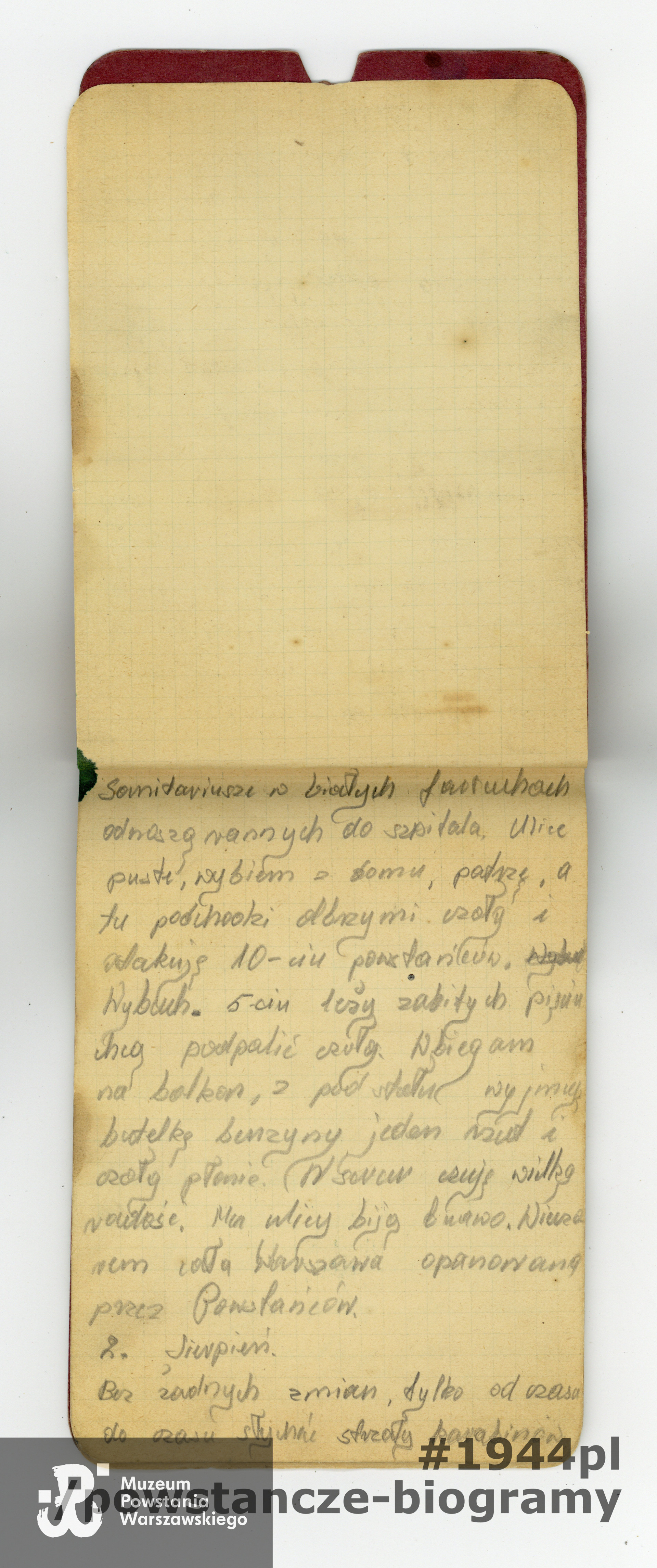 Pamiętnik zawierający wspomnienia Ireneusza Susłowa, uczestnika Powstania Warszawskiego, z okresu 01.08.1944-19.01.1945. Ireneusz Susłow był bratem Ofiarodawczyni, p. Alicji Marii Szeląg. Ze zbiorów Muzeum Powstania Warszawskiego, sygn. P/9186/19