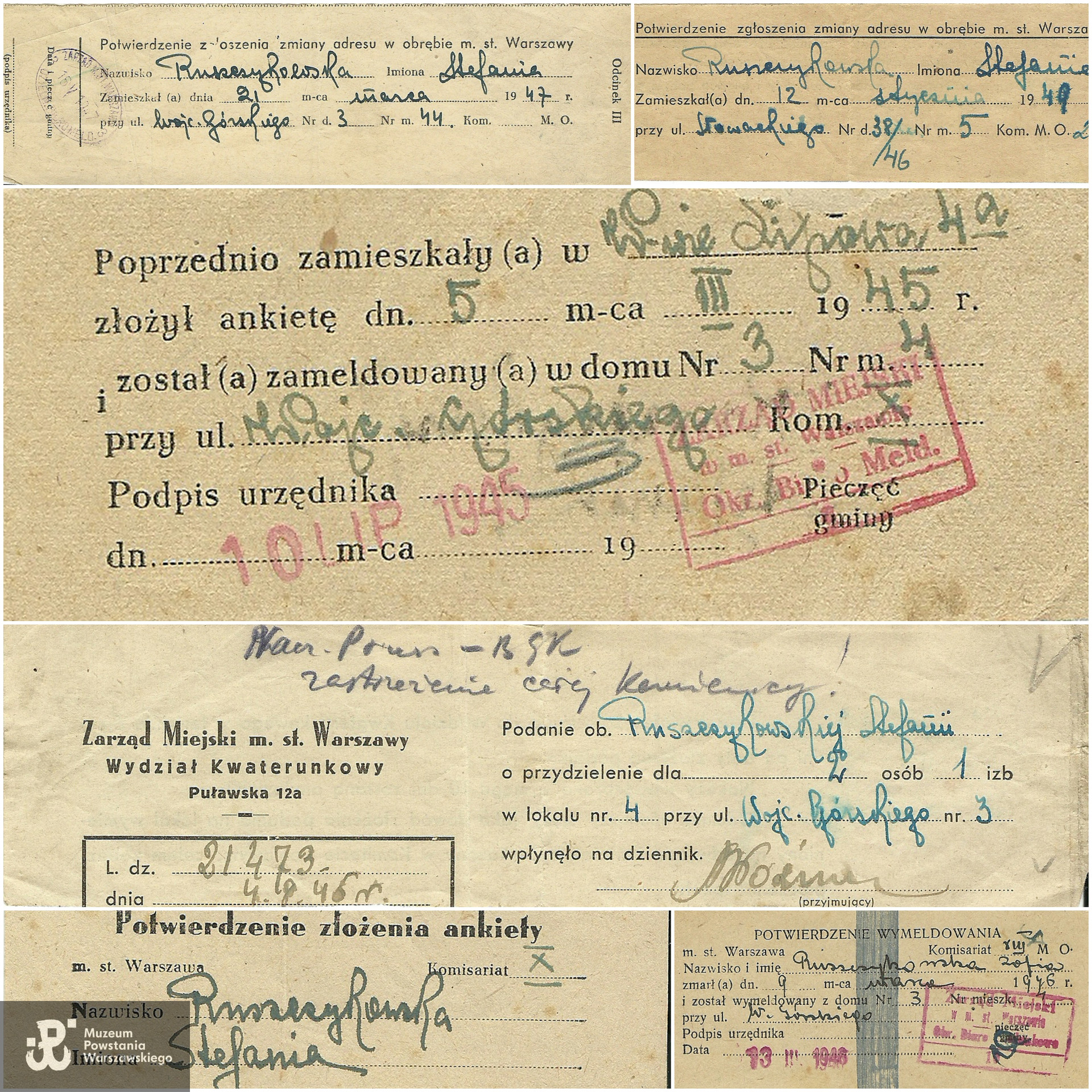 Kwity meldunkowe z archiwum rodzinnego p. Małgorzaty Karoliny Piekarskiej.