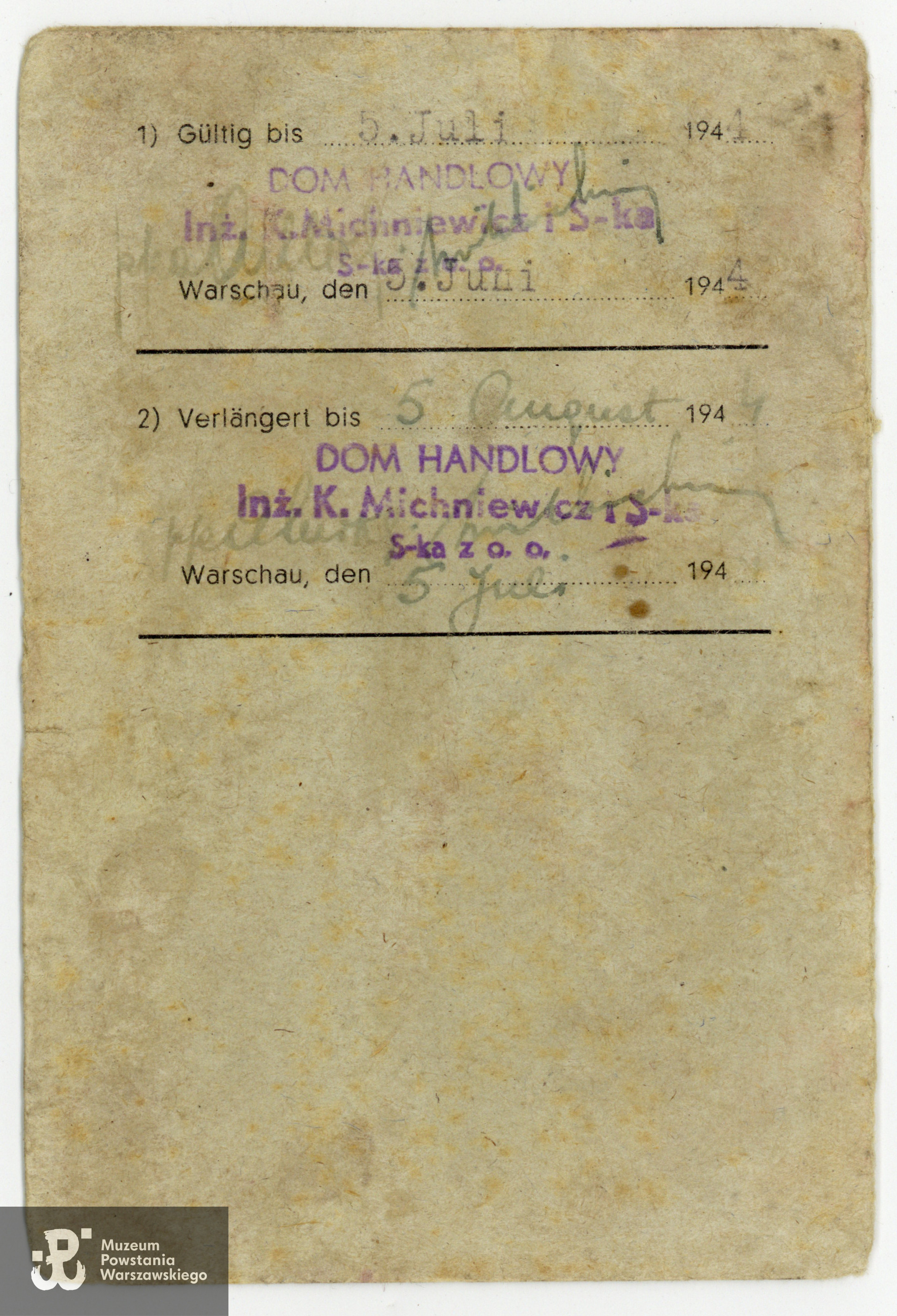 Należący do Stanisława Michniewicza Ausweis z okresu okupacji niemieckiej, potwierdzający zatrudnienie na stanowisku magazyniera w Domu Handlowym K. Michniewicza w Warszawie przy ul. Marszałkowskiej 123. Ze zbiorów rodzinnych p.  Krystyny  Michniewicz-Wanik