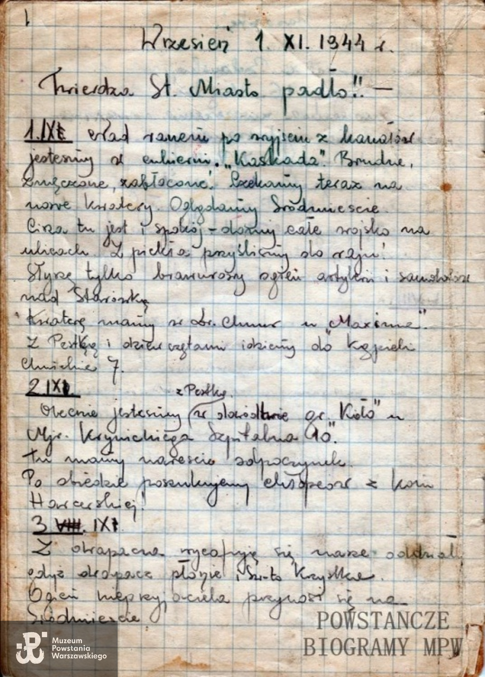 Fragment zapisków Czesławy Bazelczuk w okresy Powstania Warszawskiego. Fot. archiwum rodzinne