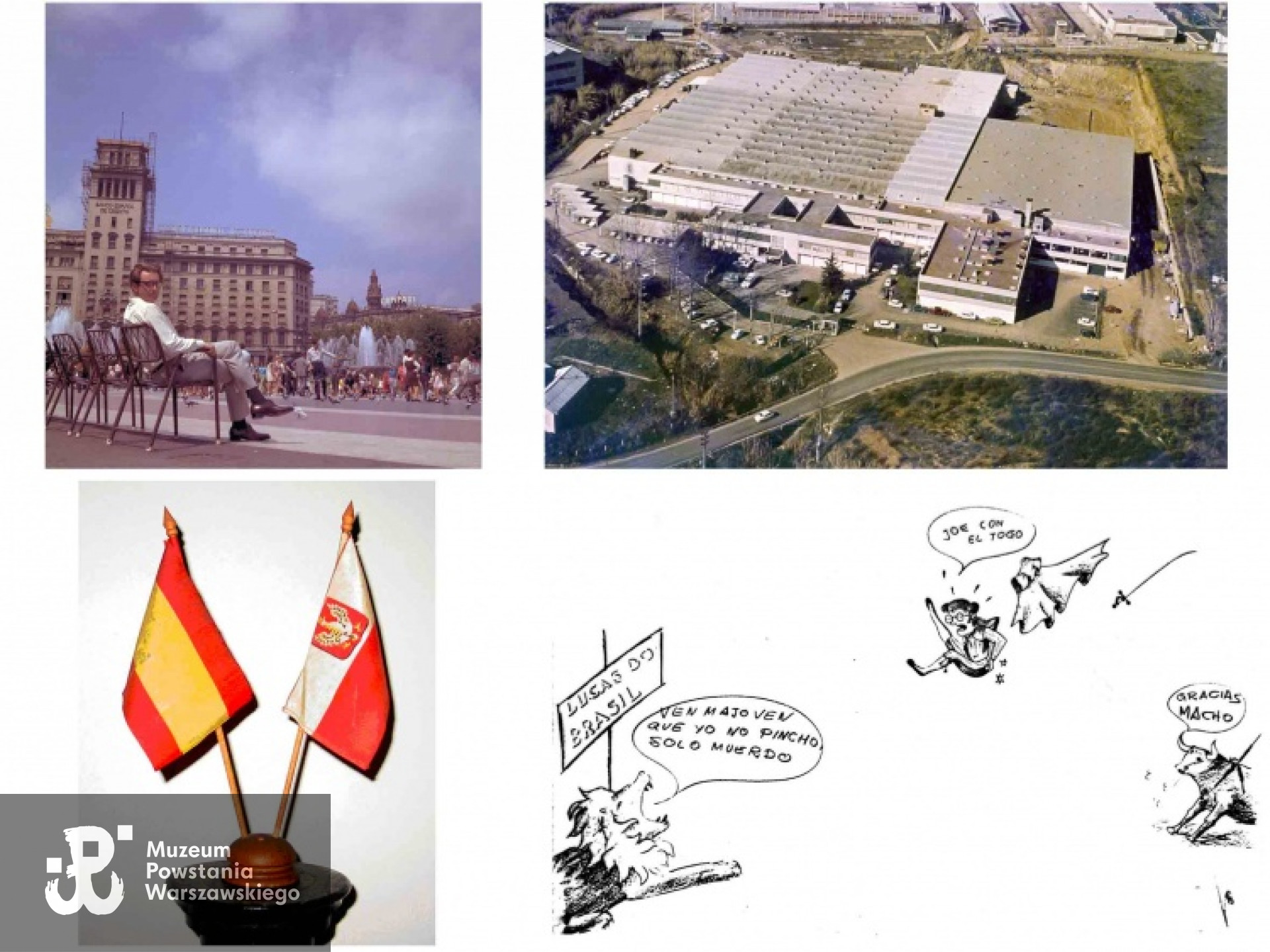 Krzysztof Głuchowski - aklimatyzacja na Plaza Cataluña w Barcelonie w lecie 1970 roku na początku swego czteroletniego kontraktu jako kierownik Działu Technicznego Sprzedaży w firmie Condiesel, hiszpańskiej filii firmy CAV, . Miły gest hiszpańskich przyjaciół, w czasie pożegnalnej kolacji dla Krzysztofa Głuchowskiego, pomimo że był reprezentantem filmy angielskiej, na stole stały jedynie bandery hiszpańska i polska. Pożegnalny rysunek od kolegów. Z archiwum rodzinnego Krzysztofa Głuchowskiego.