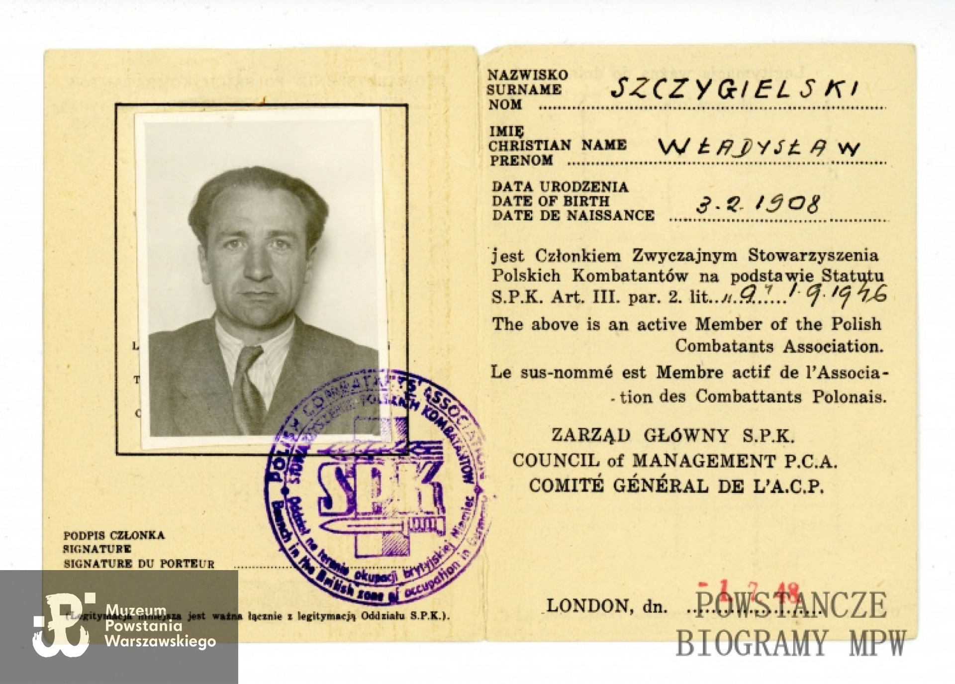 Legitymacja Stowarzyszenia Polskich Kombatantów. Ze zbiorów Muzeum Powstania Warszawskiego, sygn. P/5450
