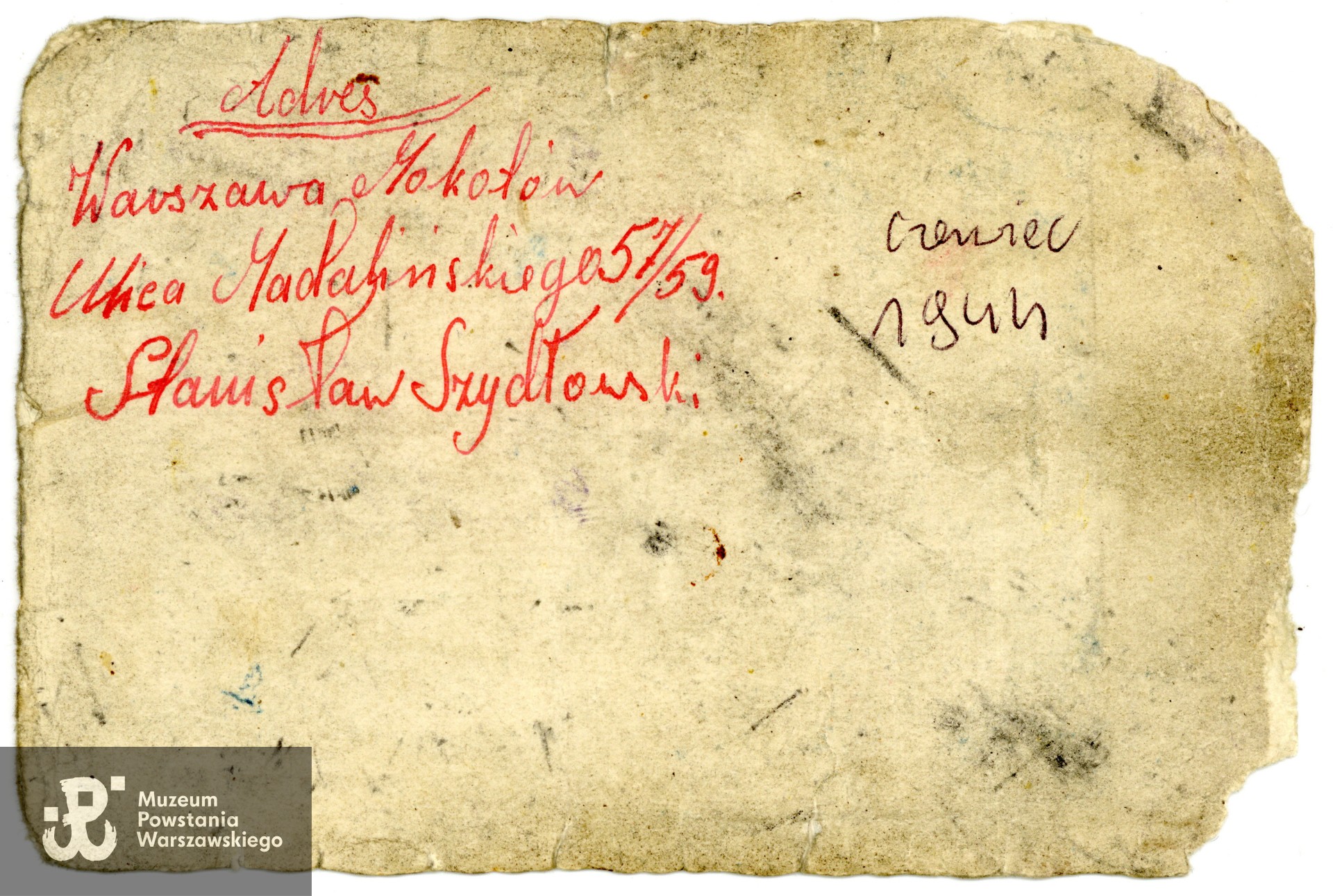Rewers z adresem zamieszkania - ul. Madalińskiego 57/59. Ze zbiorów rodzinnych p. Lucjana Szydłowskiego, syna Powstańca oraz p. Magdaleny Szydłowskiej, wnuczki.