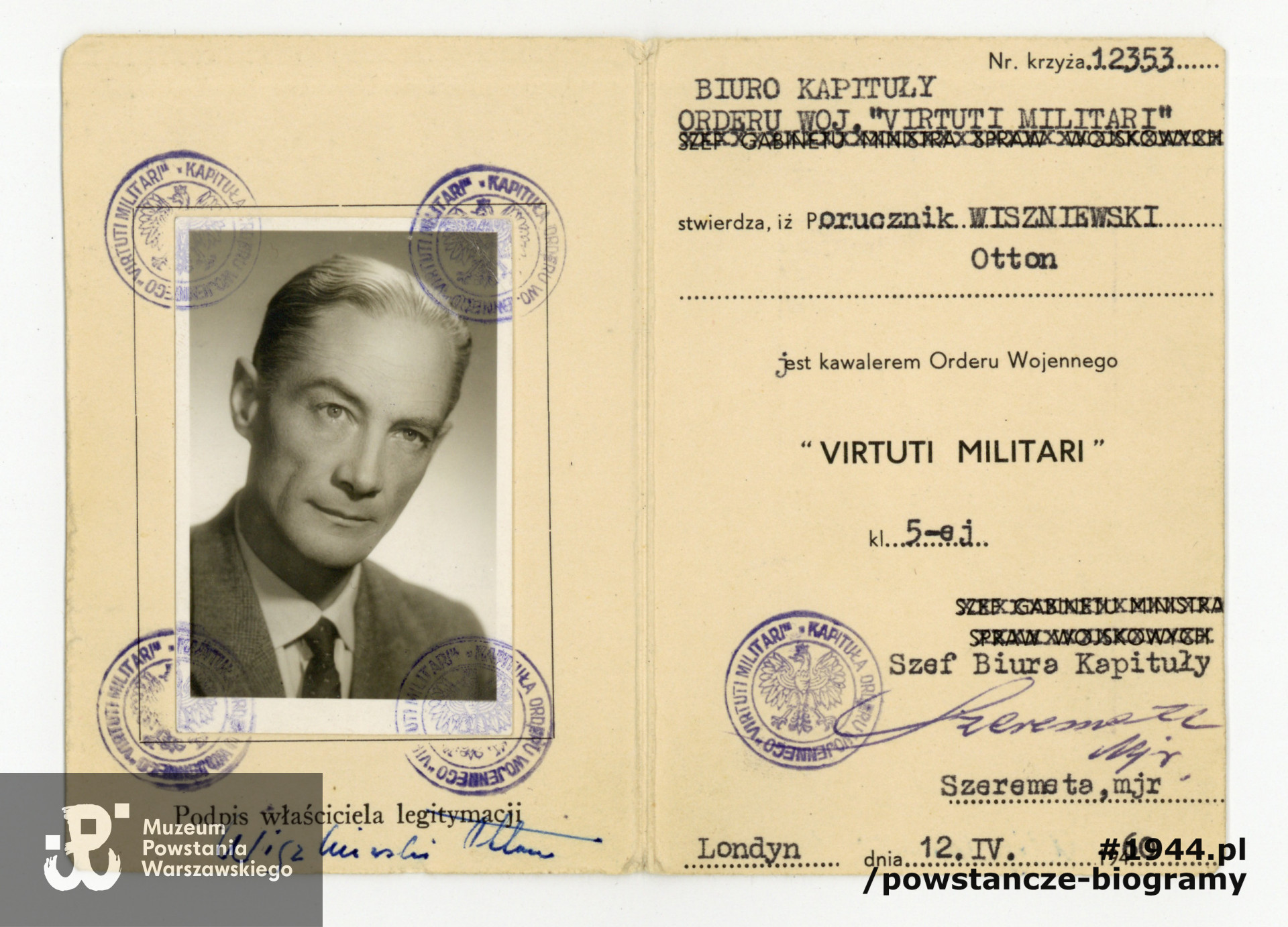 Legitymacja Orderu Wojennego Virtuti Militari. Z archiwum rodzinnego p. Joanny Brejnak, córki Ottona Wiszniewskiego