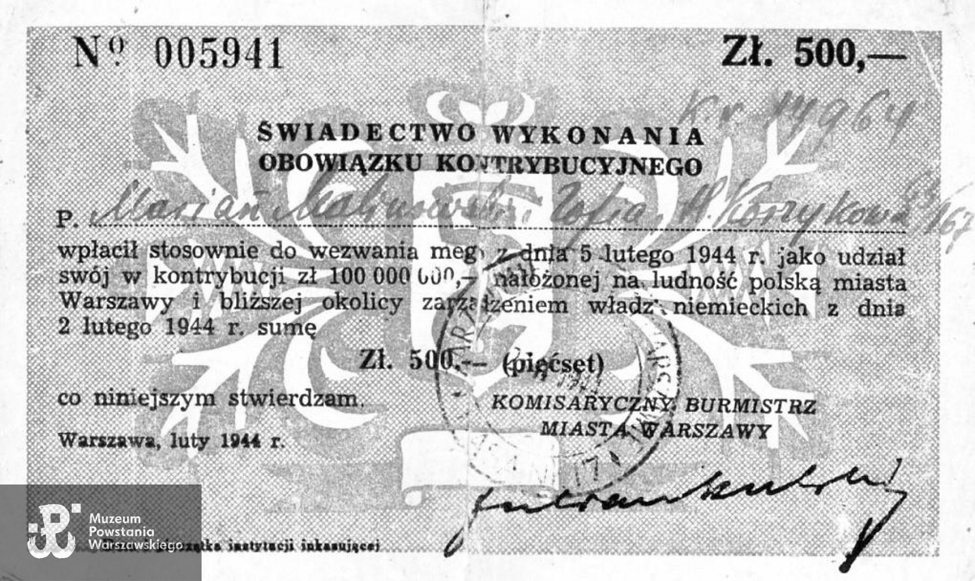 Zaświadczenie wpłaty kontrybucji w kwocie 500 zł. Z archiwum rodzinnego p. Mieczysława Malinowskiego