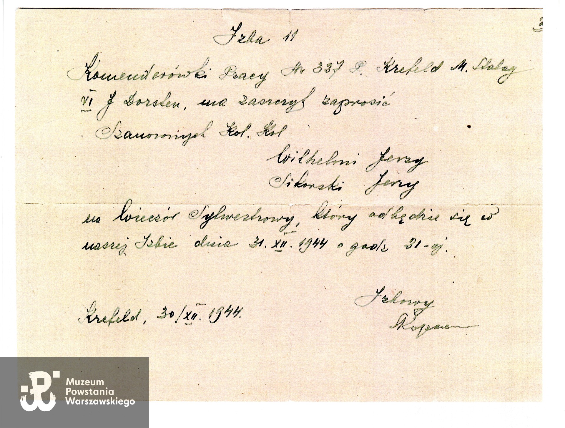 Zaproszenie na wieczór sylwestrowy organizowany  31 XII 1944 r. w Izbie nr 11 Komenderówki Pracy nr 327 w Krefeld, Stalag VI J Dorsten. Skan z kserokopii,  Muzeum Powstania Warszawskiego, Teczki personalne uczestników Powstania Warszawskiego: Wilhelmi Jerzy. 