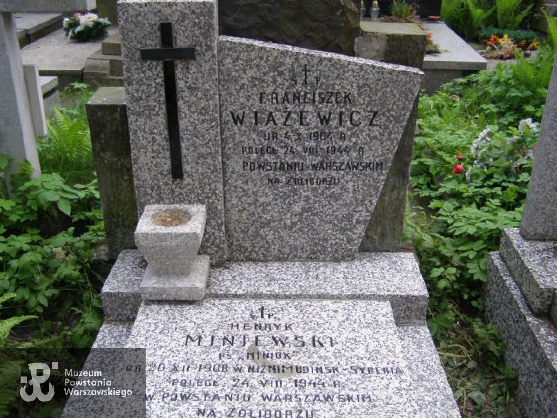 Cmentarz Wojskowy na Powązkach, kw. A-25, rząd 16, grób 8, miejsce pochowania Henryka Miniewskiego i Franciszka Wiazewicza (Wiażewicza). Fot. udostępnił p. Zbigniew Miniewski.