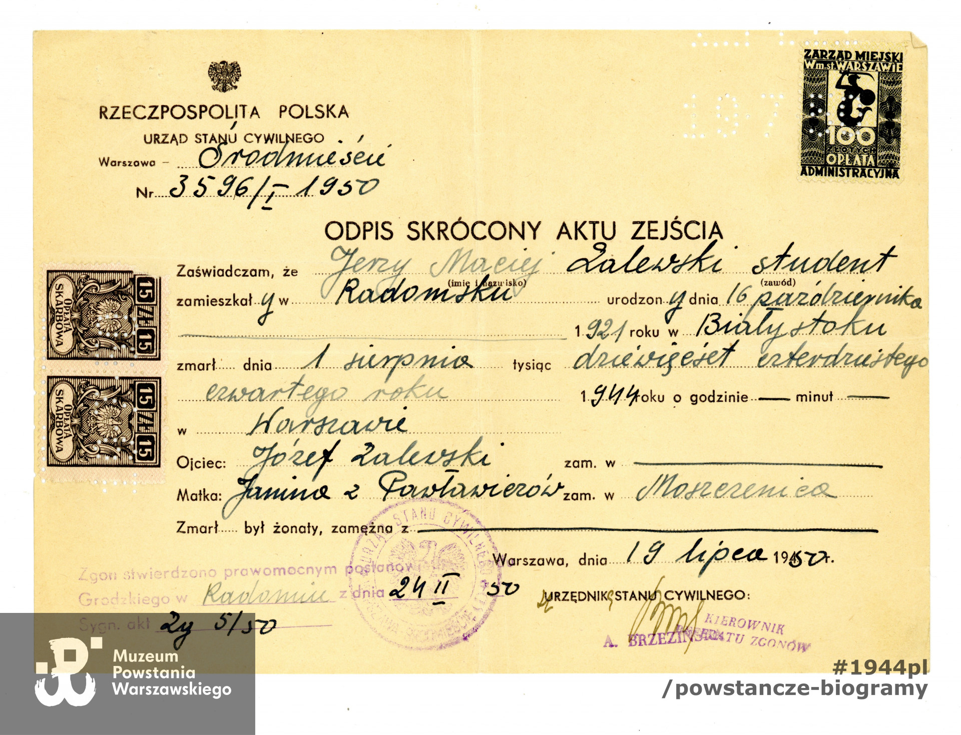 Odpis skrócony aktu zejścia. Dokument ze zbiorów rodzinnych s. Elżbiety Maruszewskiej, skan wykonano w Muzeum Powstania Warszawskiego, 08/2021.