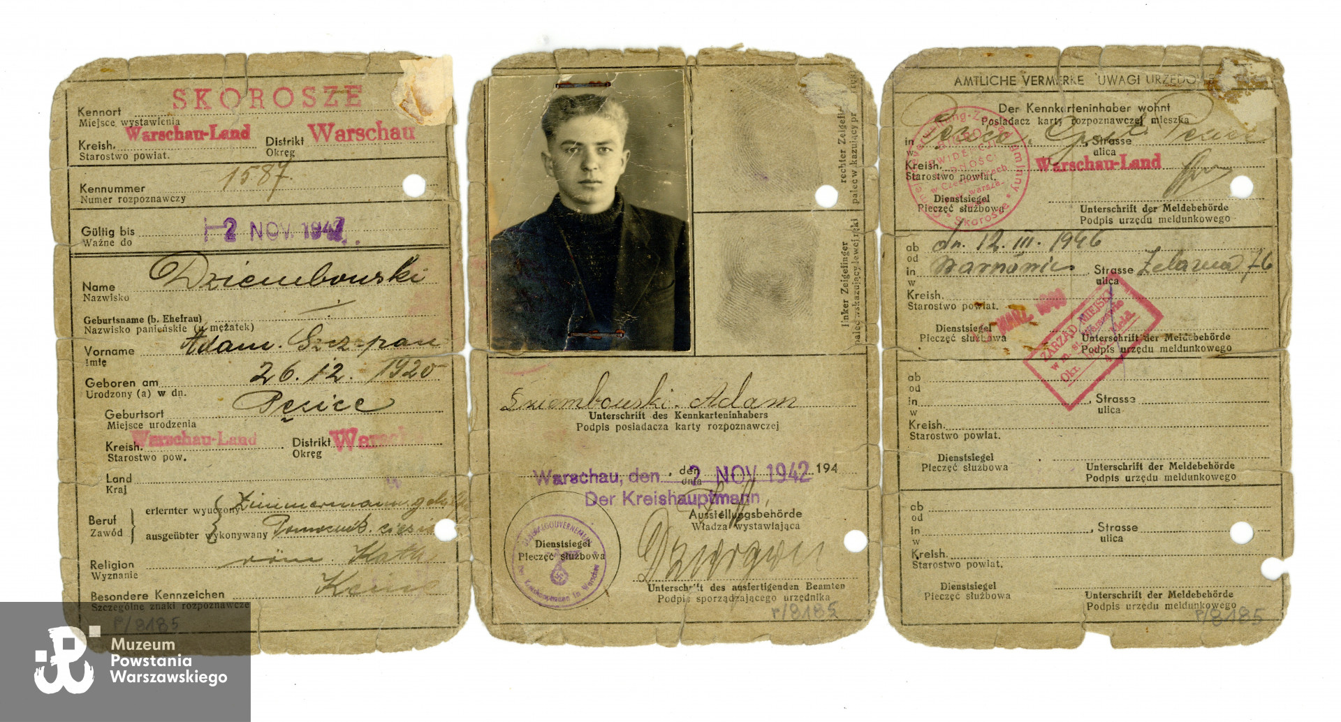 Kennkarta (ze zdjęciem) wystawiona na nazwisko Adam Szczepan Dziembowski. Ze zbiorów Muzeum Powstania Warszawskiego, sygn. P/8185