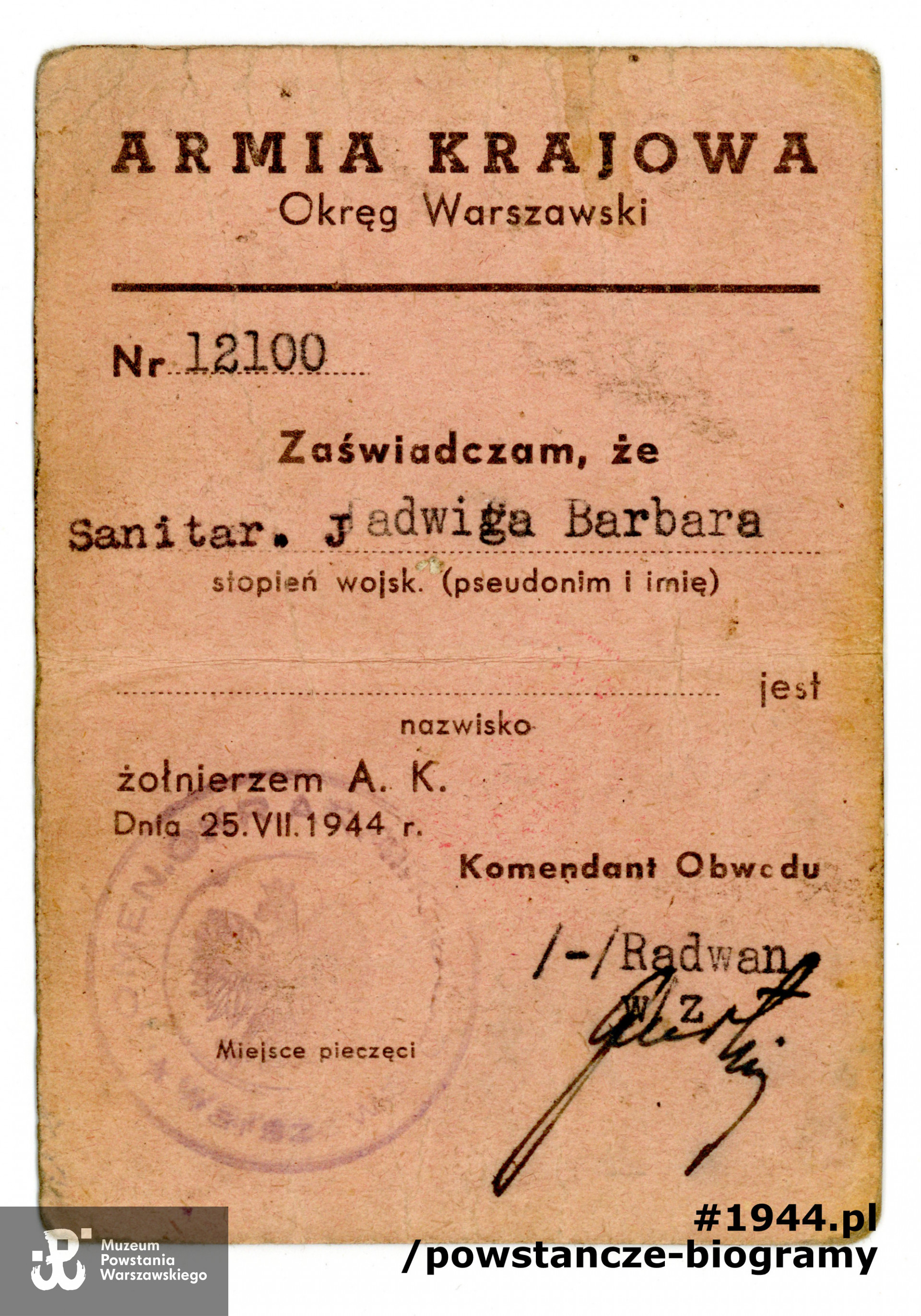 Należąca do Jadwigi legitymacja Armii Krajowej. Dokument z archiwum rodzinnego p. Feliksa Krzywickiego