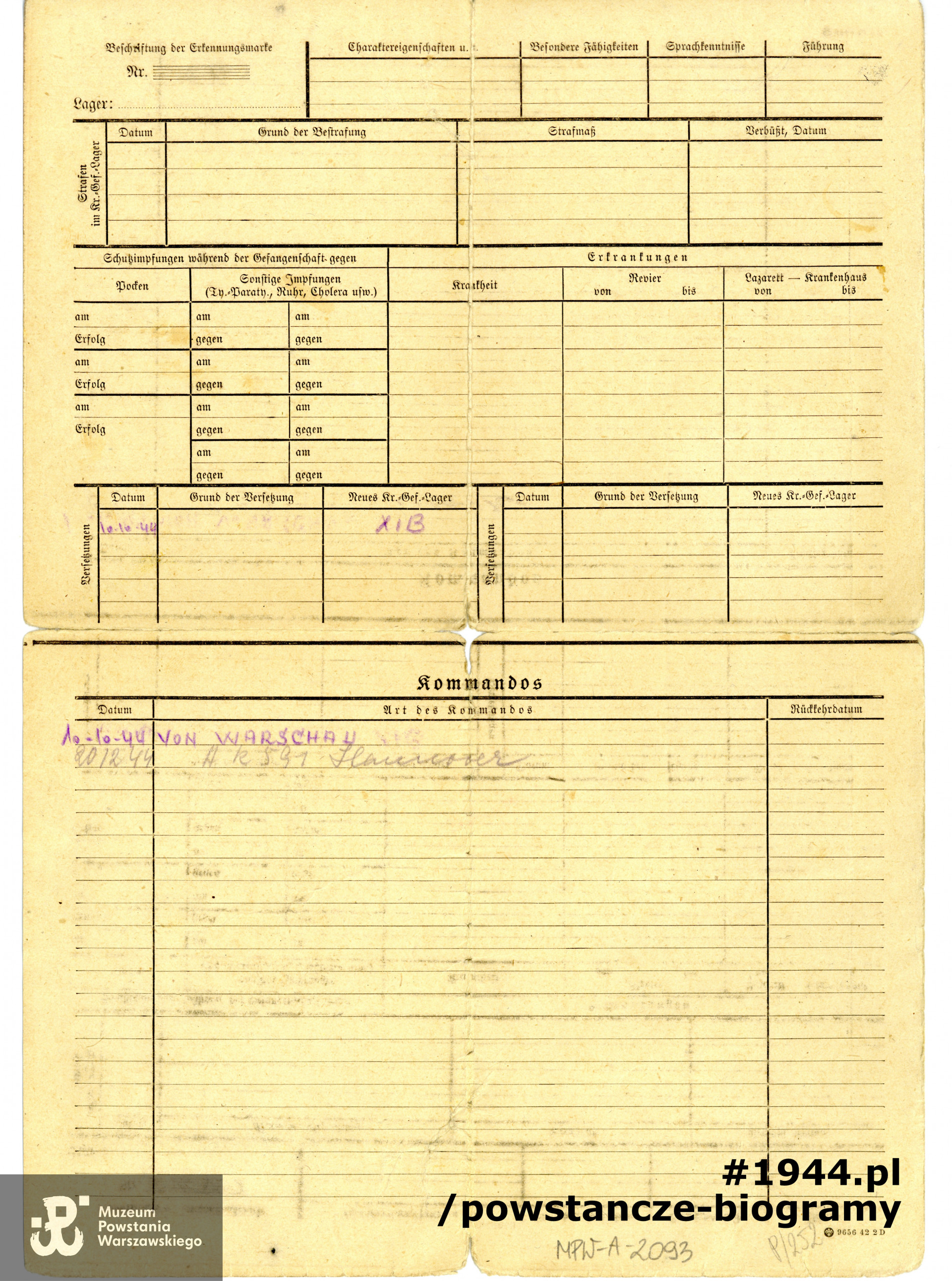Karta personalna jeńca wystawiona na nazwisko Andrzej Wachowiak. Ze zbiorów Muzeum Powstania Warszawskiego, sygn. MPW-A/2094 (P/254)