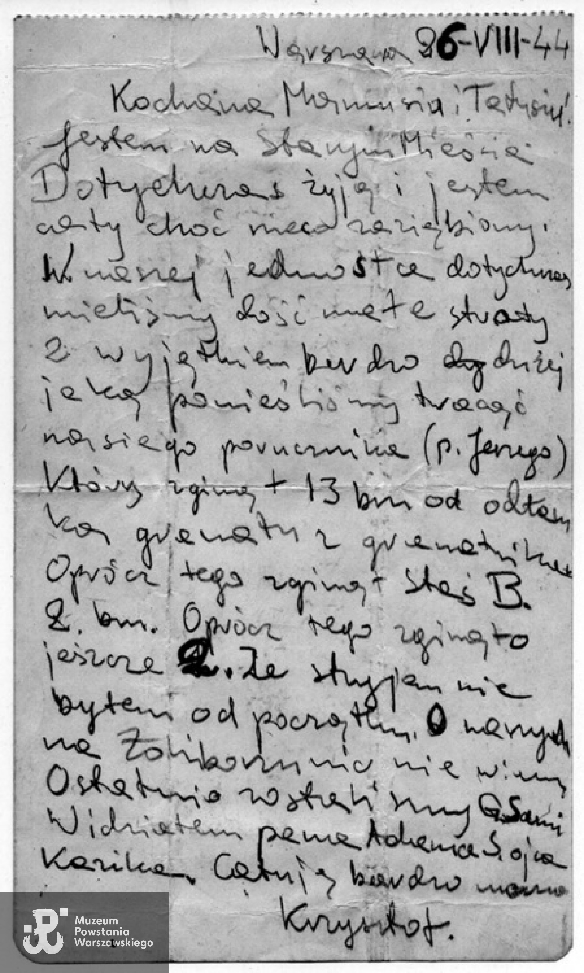 Powstanie Warszawskie - 26 sierpnia 1944 r. List Krzysztofa Głuchowskiego do matki, pisany na Starówce, przeniesiony kanałami przez nieznaną łączniczkę