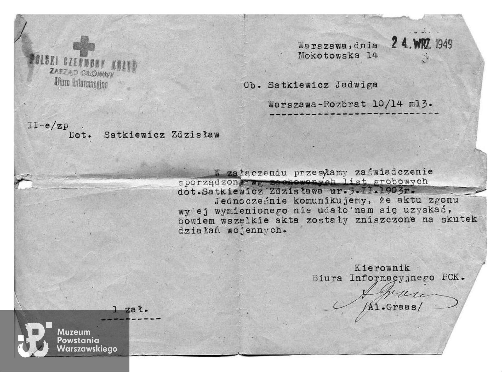 Pismo z Biura Informacyjnego Polskiego Czerwonego Krzyża do matki Powstańca, Jadwigi Satkiewiczowej  z dnia 24 września 1949.  W dokumencie błędny rok urodzenia - 1903 zamiast 1923. Ze zbiorów rodzinnych p. Andrzeja Kwasta, skan udostępnił p. Maciej Białecki.