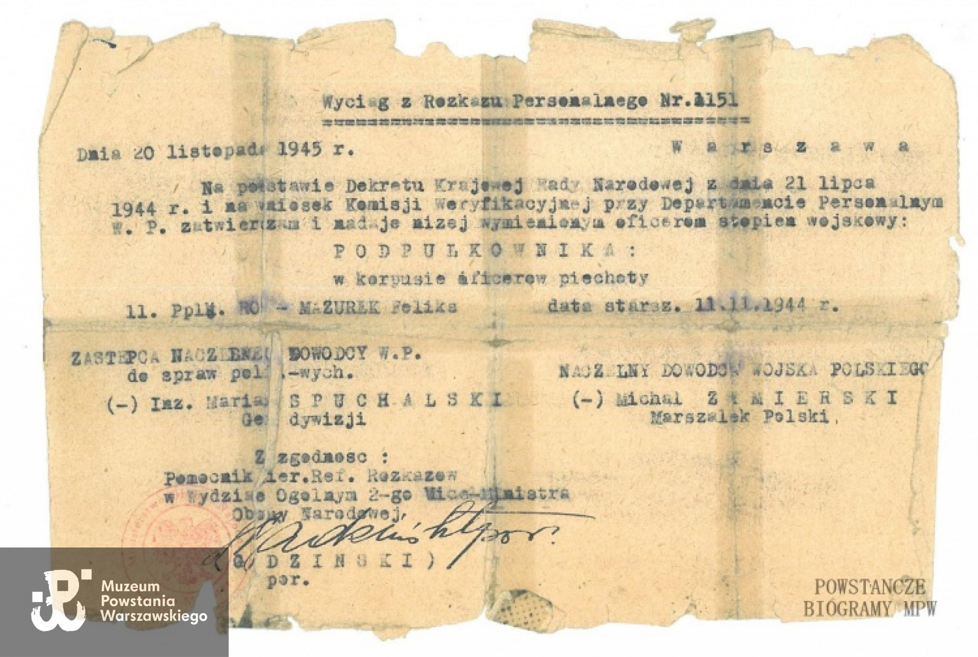 Wyciąg z Rozkazu Personalnego Źródło: Andrzej Róg-Mazurek, Jakub Róg-Mazurek - archiwum rodzinne.