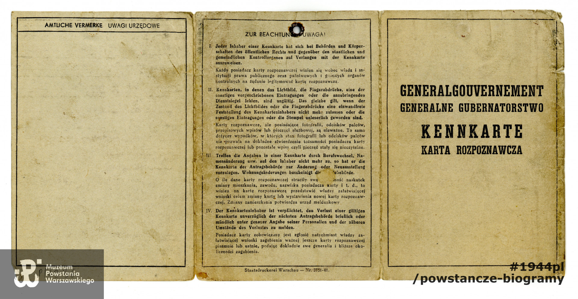 Kennkarta Janusza Wojtasiewicza; dokument z gapą i zdjęciem, ze zbiorów Muzeum Powstania Warszawskiego, sygn. P/7236/11, dar p. Jana Leopolda
