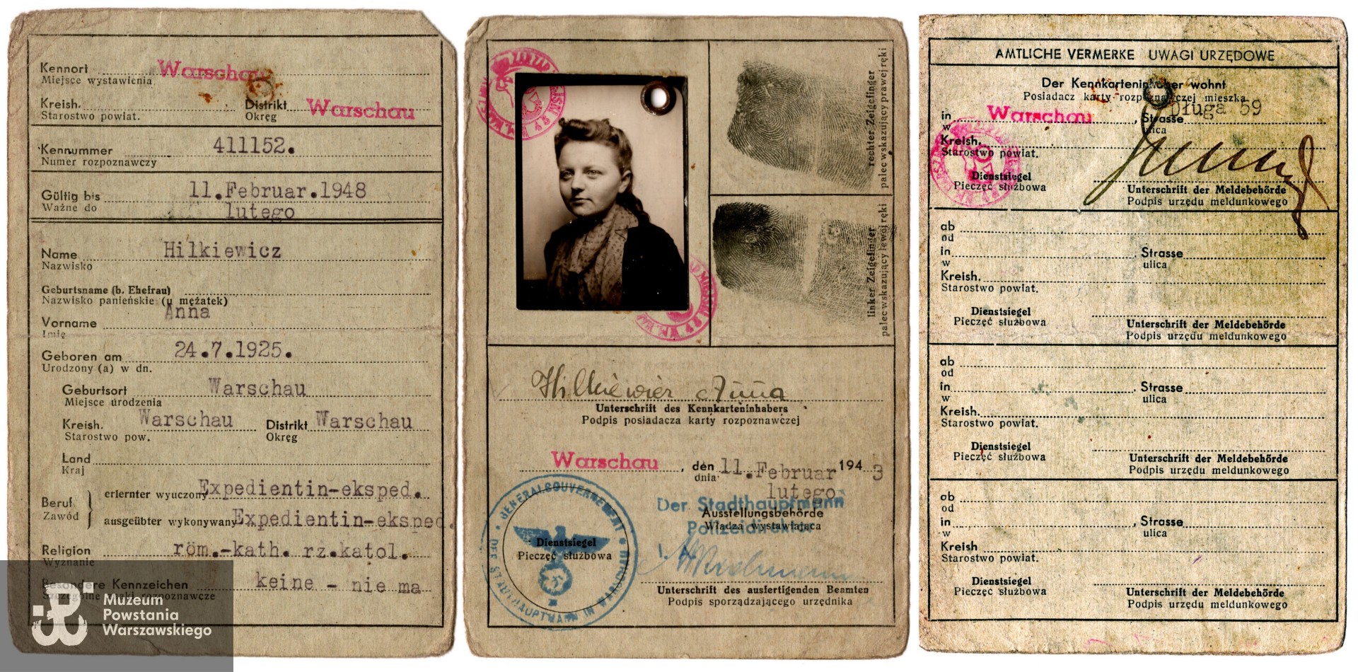 Kenkarta Anny Hilkiewicz - depozyt wydany rodzinie w 1946 roku. Ze zbiorów rodzinnych, udostępniła p. Małgorzata Sielska-Piątkowska, siostrzenica. Skany wykonano w Dziale Kombatanta, 08/2024