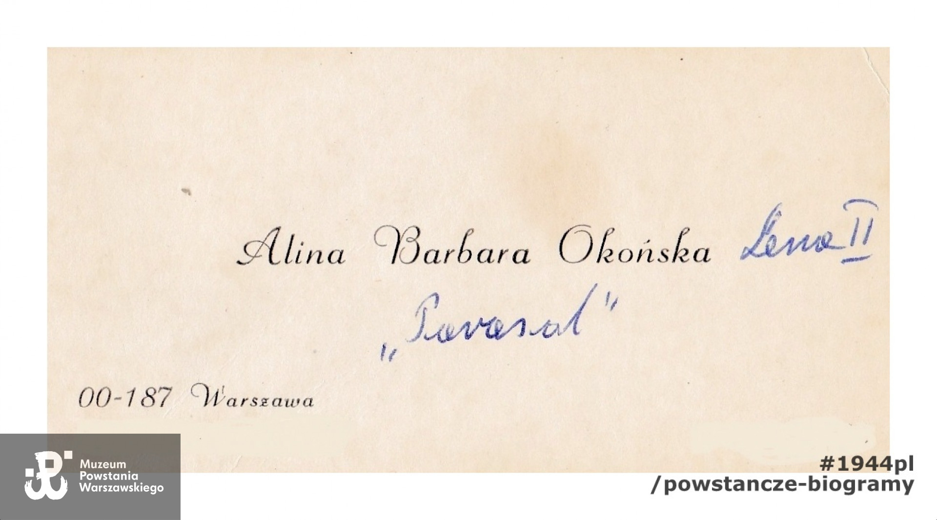 Wizytówka Aliny Barbary Okońskiej, skan przesłała p.  Barbara Brzezińska-Jońca, córka Janusza Brzezińskiego „Zan”, kolegi z oddziału. 