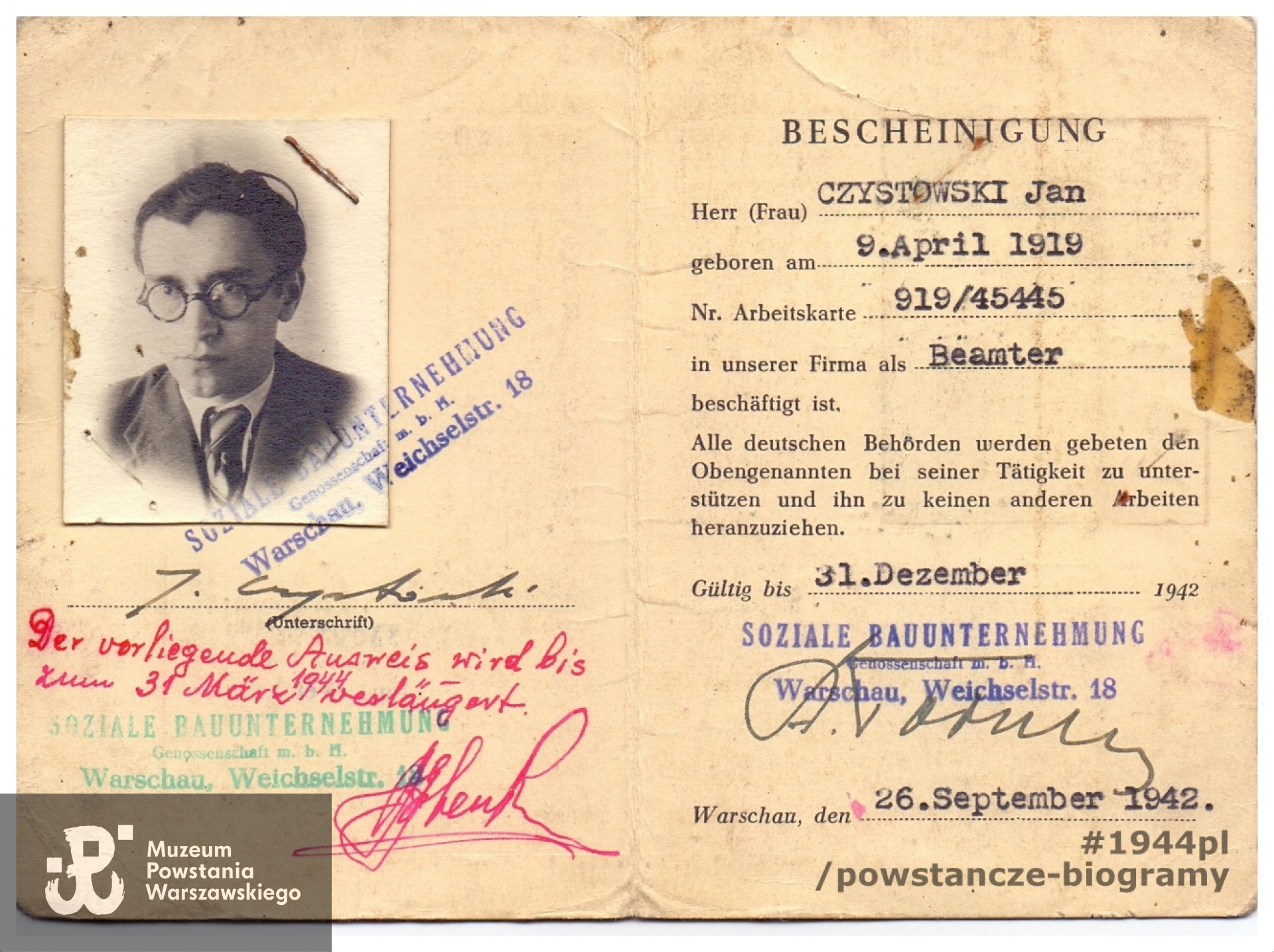 Ausweis kpr. pchor. Jana Czystowskiego. W dokumencie data urodzenia 9 marca 191 r. Skan udostępniony ze zbiorów rodzinnych, przesłał p. Jan Czystowski