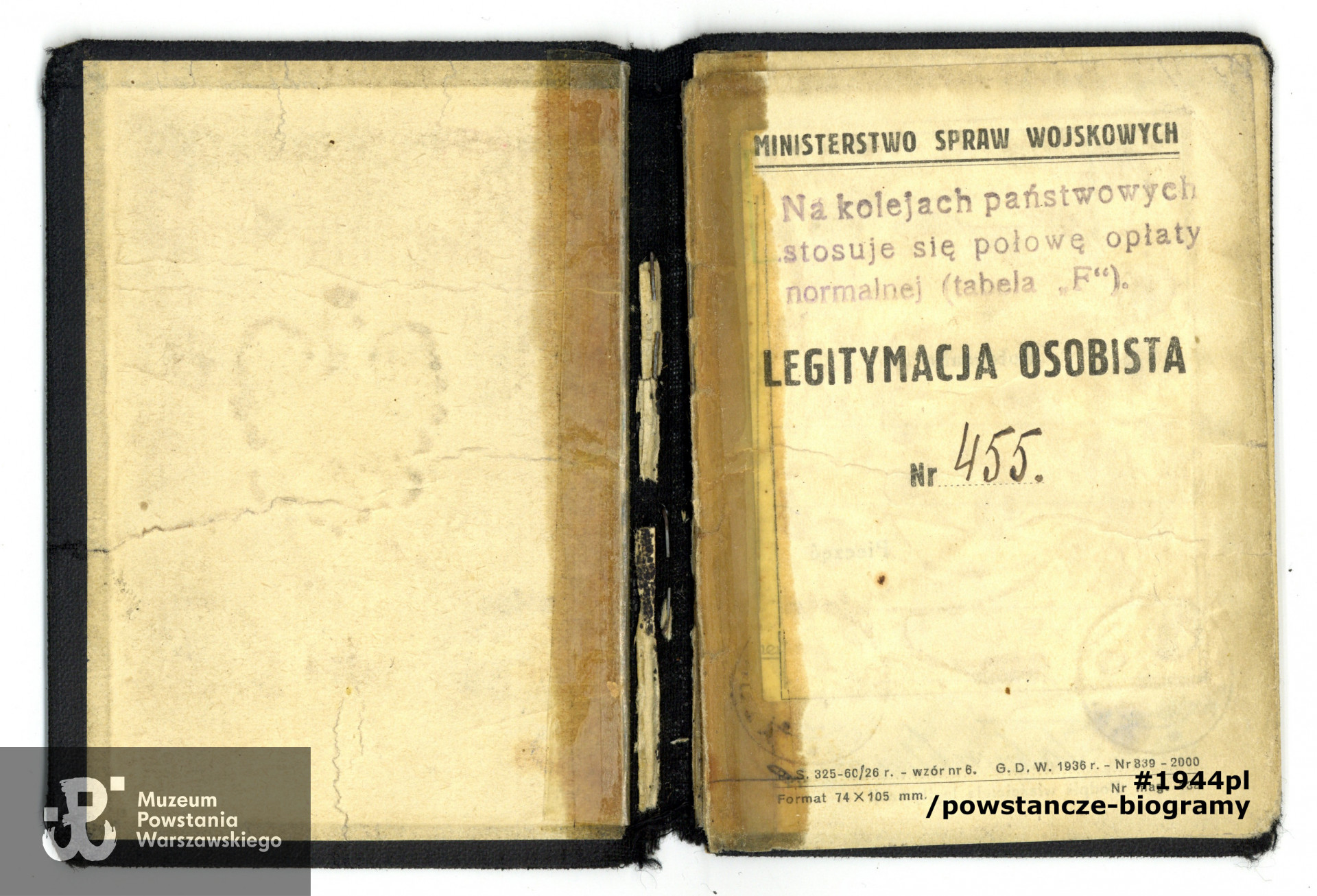 Legitymacja osobista (ze zdjęciem) wystawiona przez Ministerstwo Spraw Wojskowych na nazwisko Wojciech Tabaczkiewicz, z dn. 22.12.1937 r. Dokument potwierdzający przynależność do rodziny oficera WP. Ze zbiorów Muzeum Powstania Warszawskiego, sygn. P/9080/18