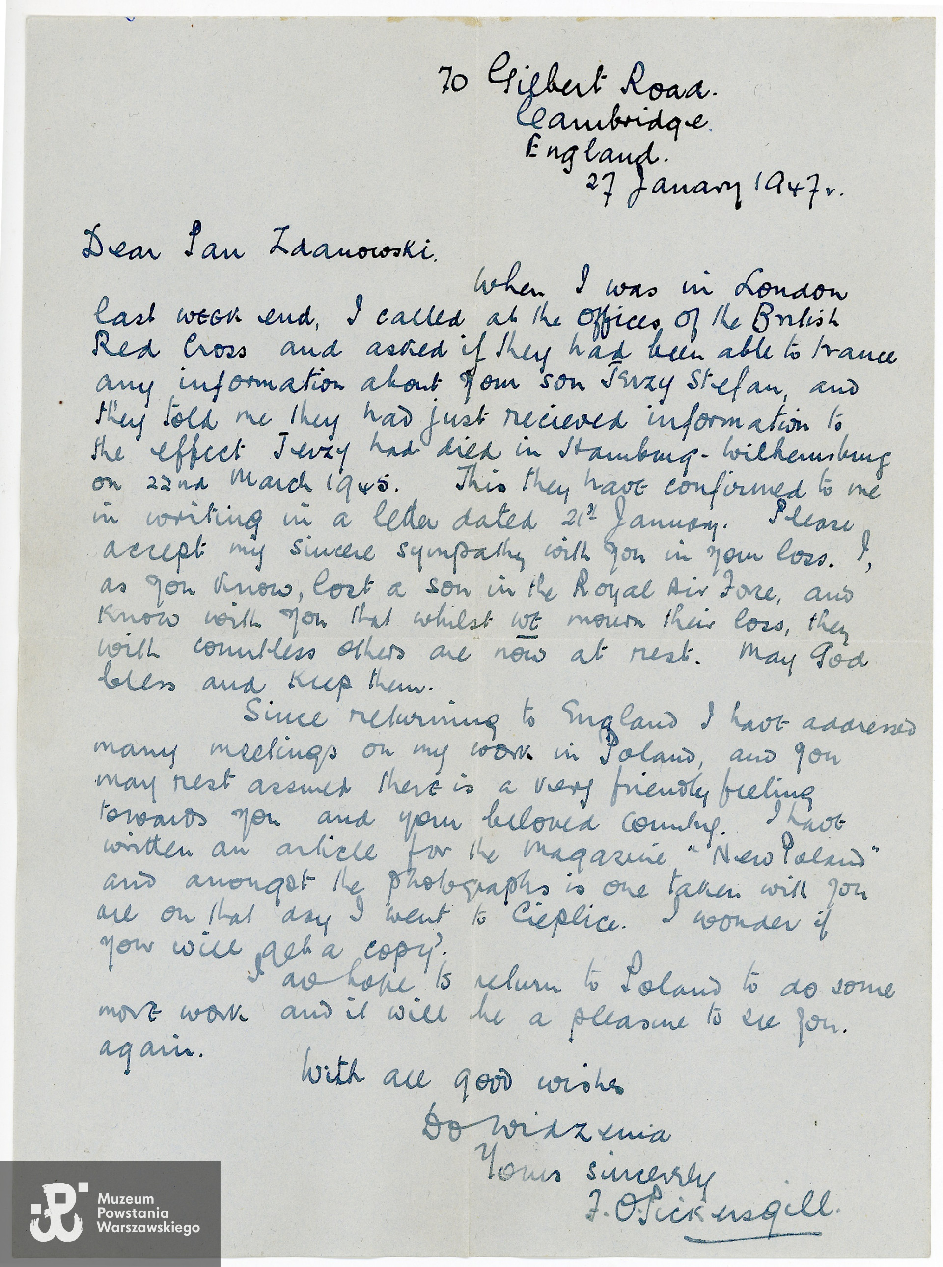 1947 rok - list z Hamburga.  Ze zbiorów rodzinnych, udostępnił p. Ryszard Olesiński