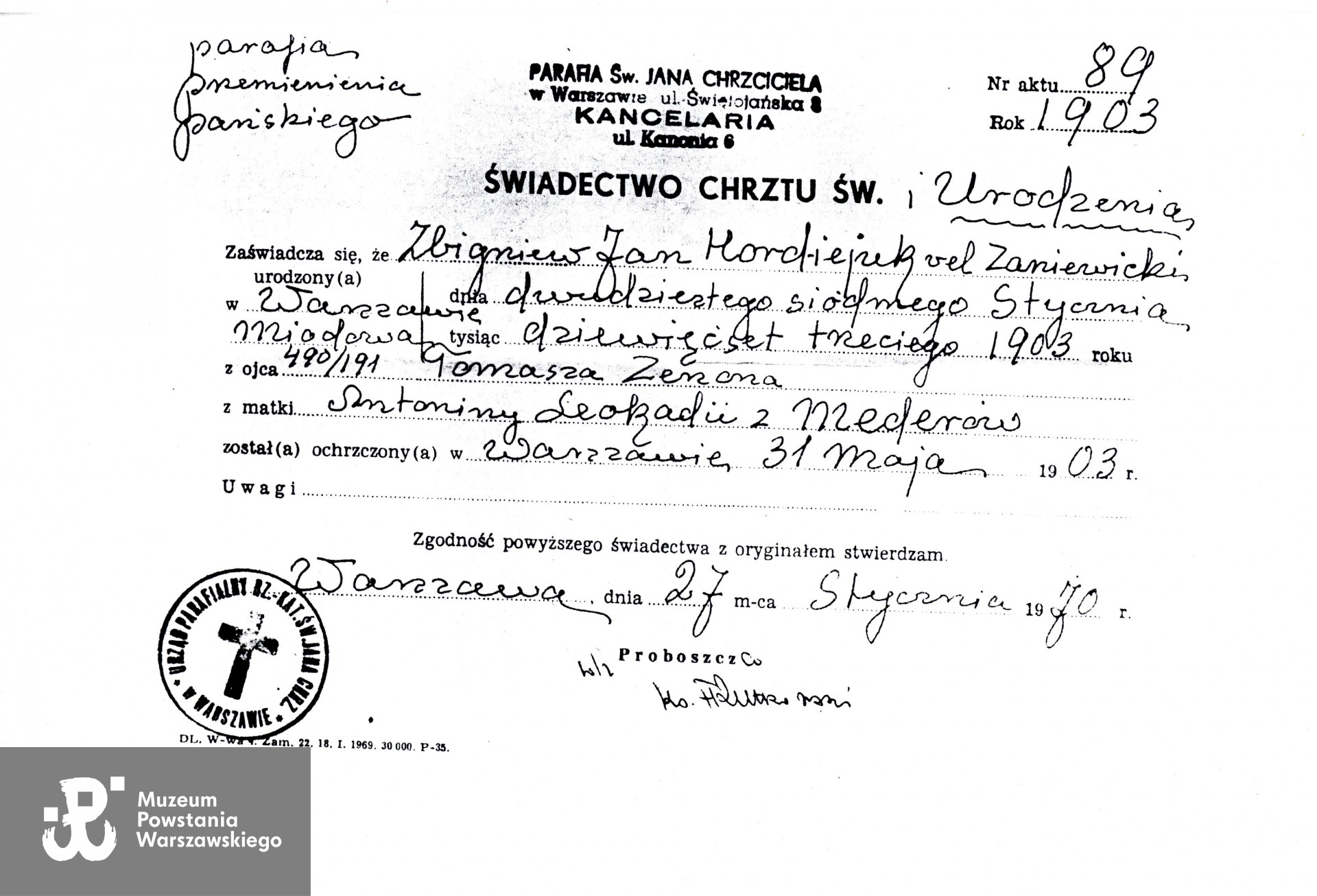  Świadectwo chrztu św. Tu zapisano nazwisko w formie:  <strong> Hordiejuk vel Zaniewicki.</strong> Z archiwum rodzinnego p. Anny Zaniewickiej - Goliszewskiej