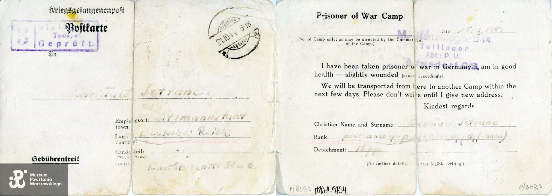 Obozowy blankiet  karty pocztowej z informacją o uwięzieniu w obozie jenieckim Stalag 344 Lamsdorf, wysłana do rodziny przez Zdzisława Stranca. Zbiory Muzeum Powstania Warszawskiego; sygn. MPW-A-9734.