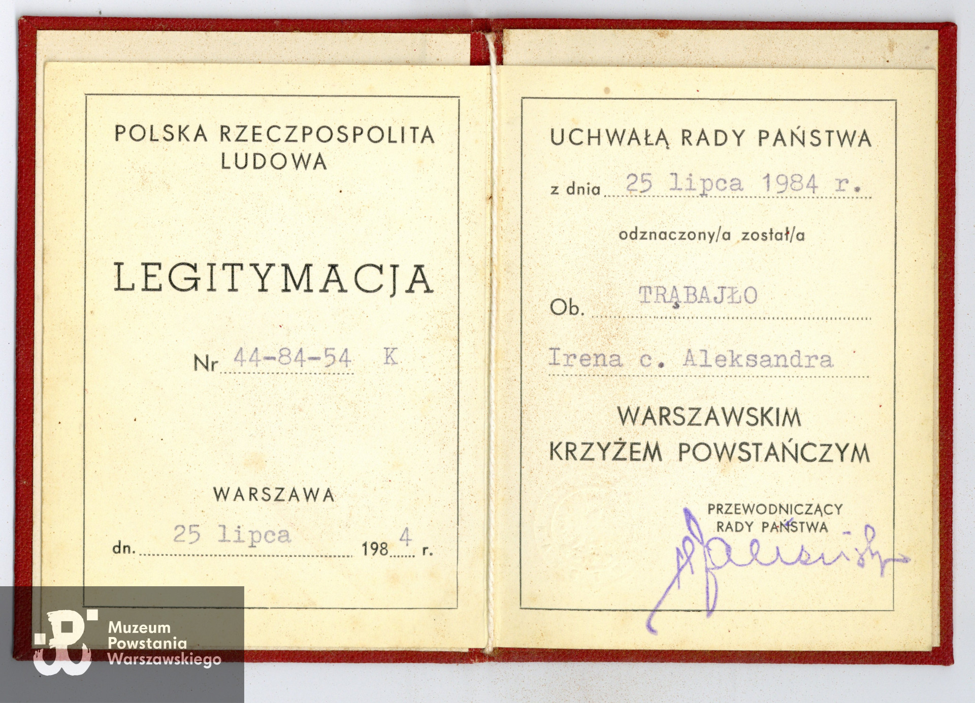 Legitymacja odznaczeniowa WKP. Z archiwum rodzinnego  p. Elżbiety Majkowskiej i p. Sylwii Rojek