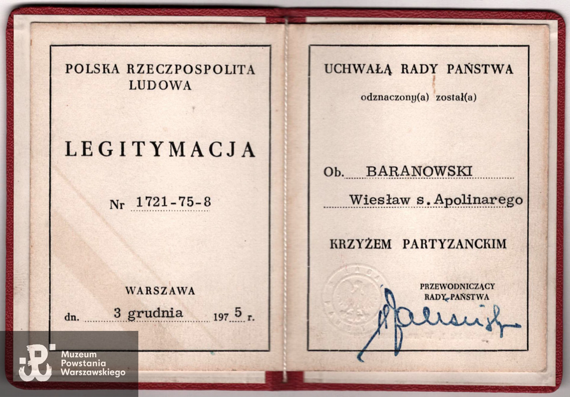 Legitymacja odznaczeniowa  - Krzyż Partyzancki. Dokument ze zbiorów rodzinnych, skan udostępnił p. Sebastian Baranowski, wnuk Powstańca.