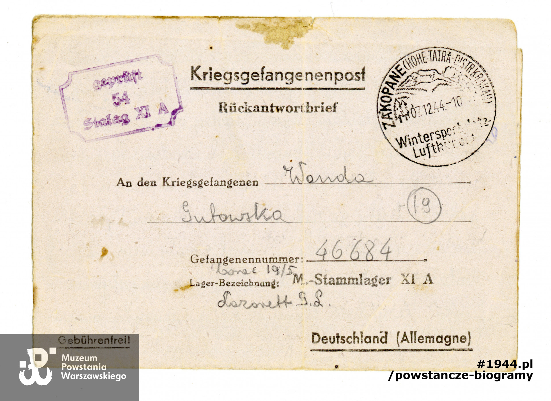 Korespondencja obozowa. Dokument ze zbiorów Muzeum Powstania Warszawskiego.