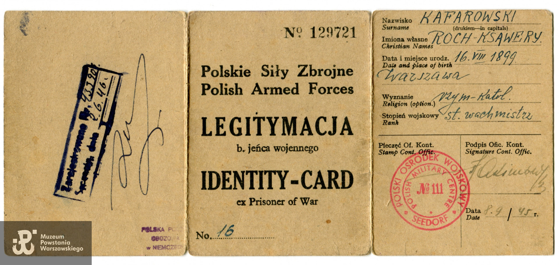 Legitymacja byłego jeńca wojennego wystawiona na nazwisko Roch Ksawery Kafarowski. Źr. teczki personalne uczestników Powstania Warszawskiego - materiały do Słownika Uczestników PW, Pokój Kombatanta MPW