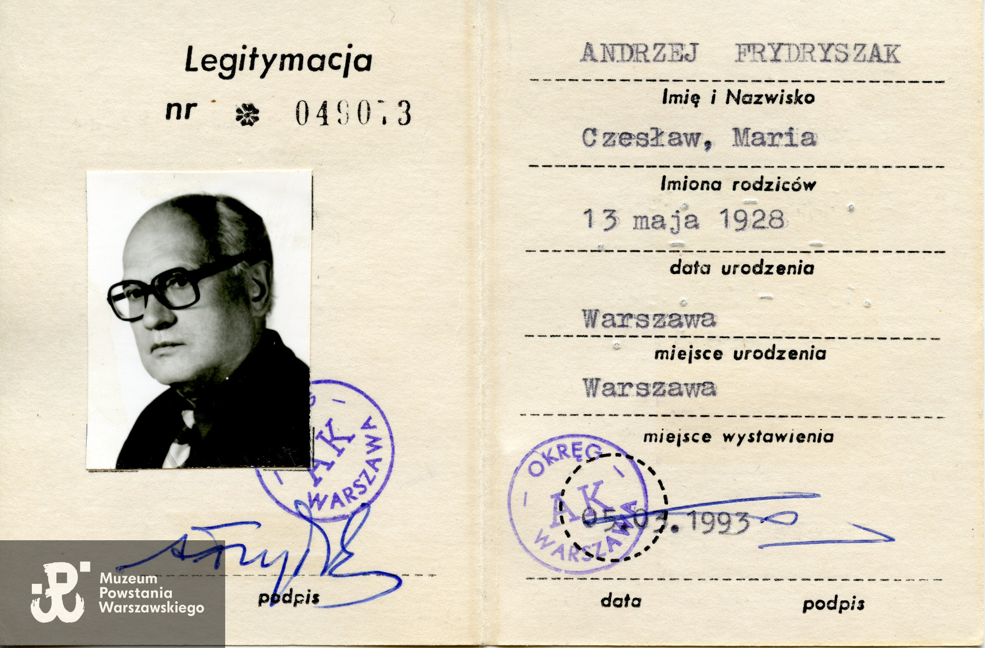 Legitymacja Światowego Związku Żołnierzy Armii Krajowej, Okręg Warszawa. Dokument ze zbiorów rodzinnych p. Andrzeja Frydryszaka ps. Michał