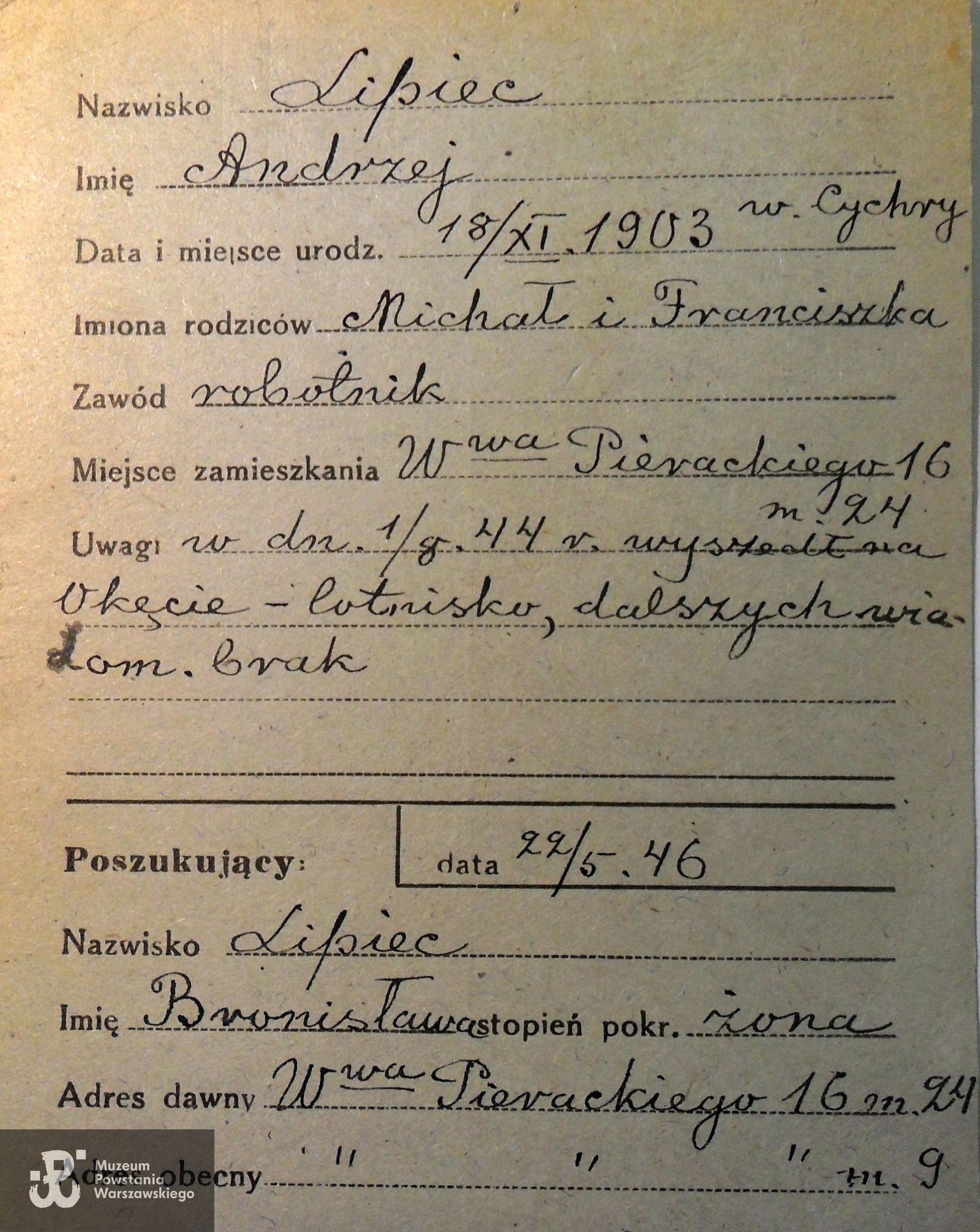 Ze zbiorów Polskiego Czerwonego Krzyża - kartoteka poszukiwań