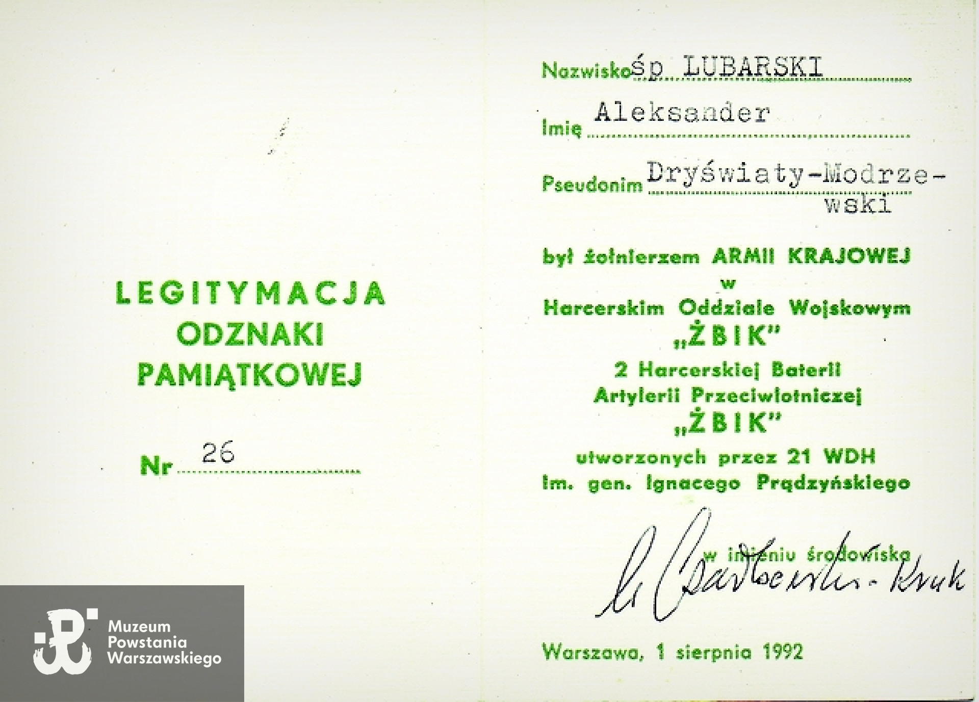 Legitymacja Odznaki Pamiątkowej. Ze zbiorów brata - Marka Axentowicza. Archiwum 2. HBAP "Żbik"/ Jan Wawszczyk