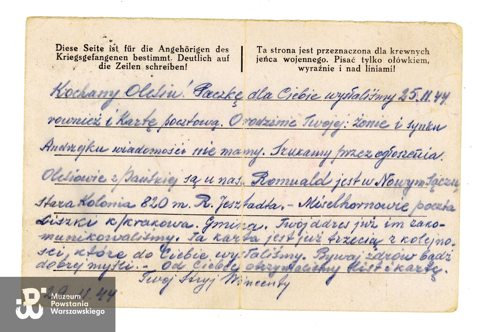 Korespondencja obozowa. Ze zbiorów rodzinnych, udostępniła wnuczka Powstańca, p. Paulina Taff. Skany wykonano w Muzeum Powstania Warszawskiego, 06/2024