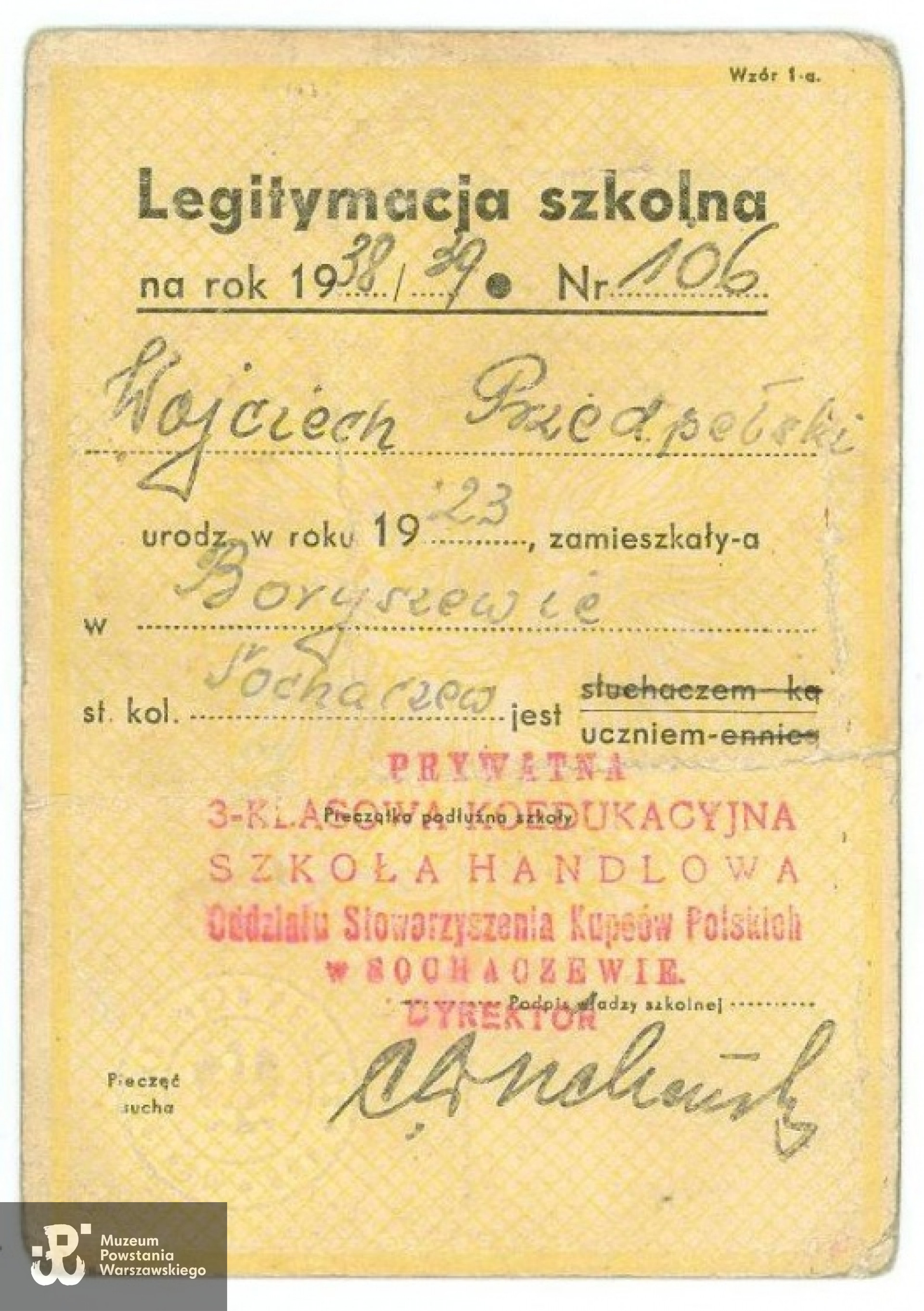 Legitymacja szkolna Wojciecha - rewers. Archiwum rodzinne.