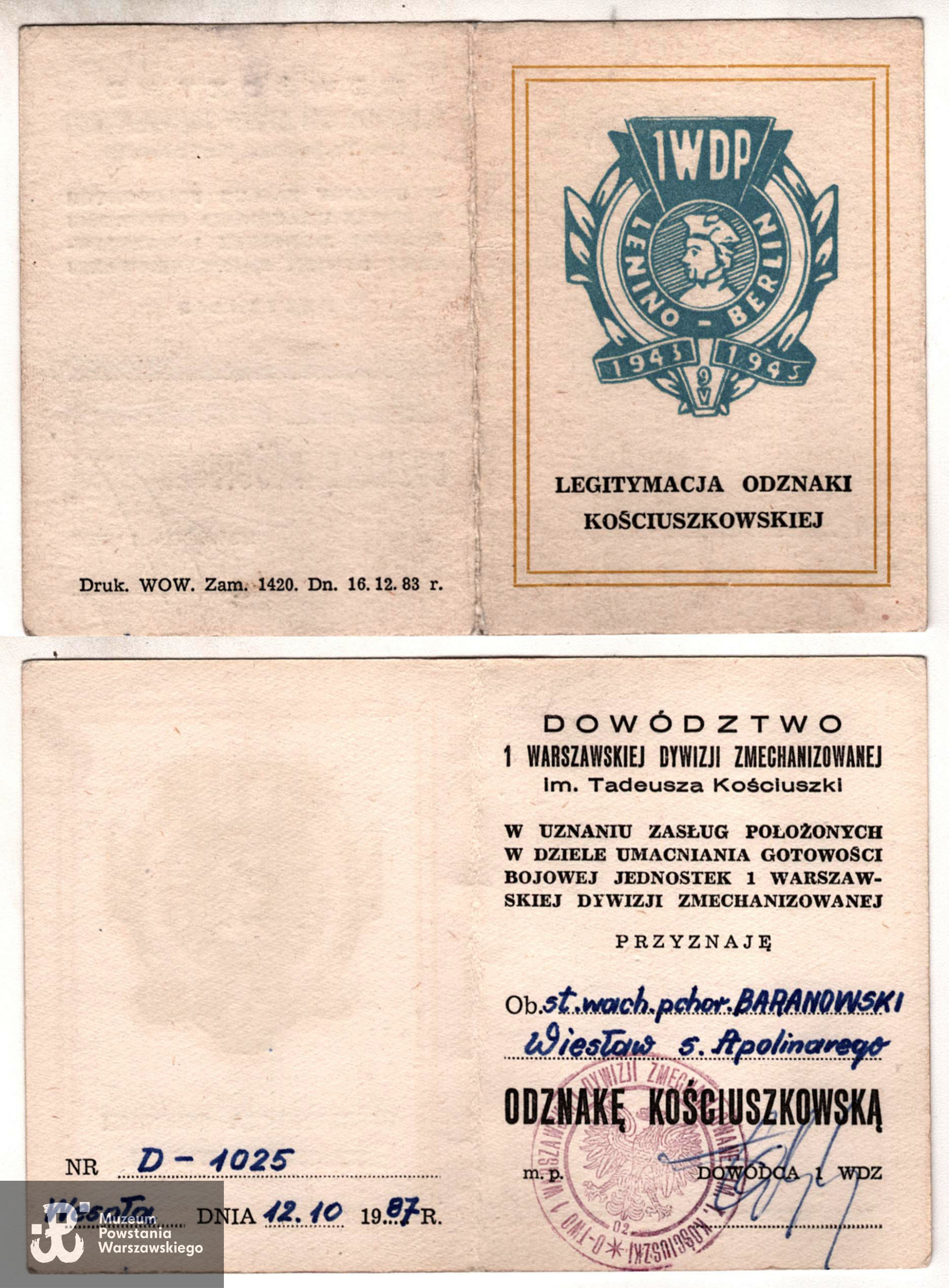 Legitymacja Odznaki Kościuszkowskiej. Dokument ze zbiorów rodzinnych, skan udostępnił p. Sebastian Baranowski, wnuk Powstańca.