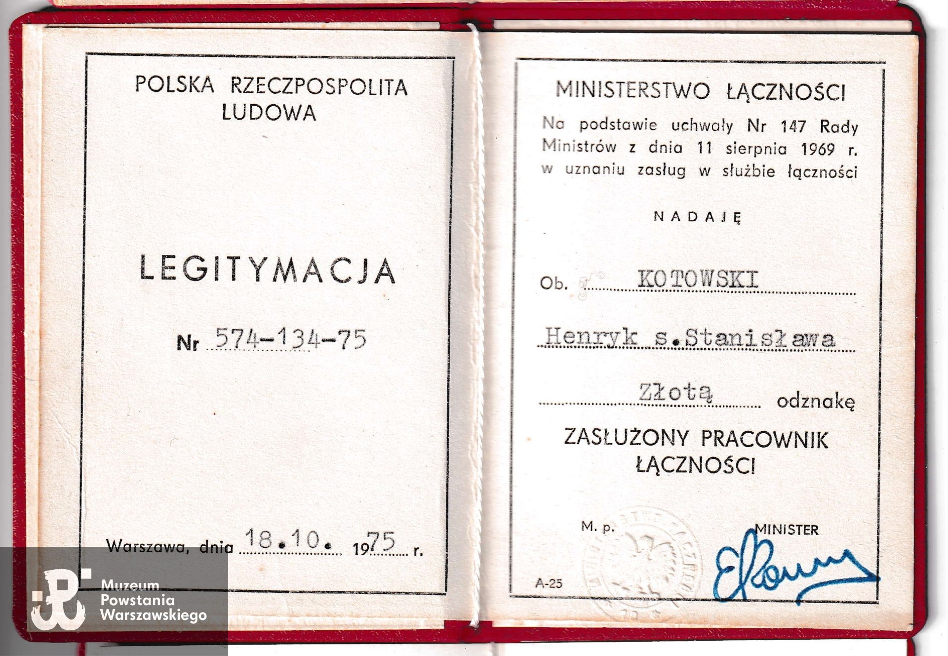 Legitymacja odznaczeniowa. Dokument ze zbiorów p. Stanisława Kotowskiego, syna Powstańca