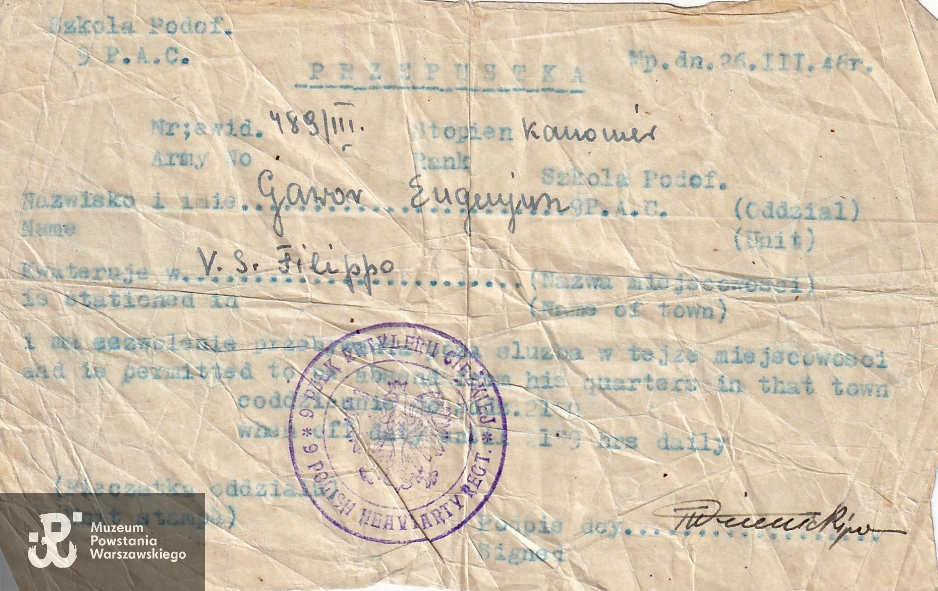 Przepustka wojskowa, 1946 rok. Ze zbiorów rodzinnych, skan nadesłał syn, Krzysztof (Chris) Gawor