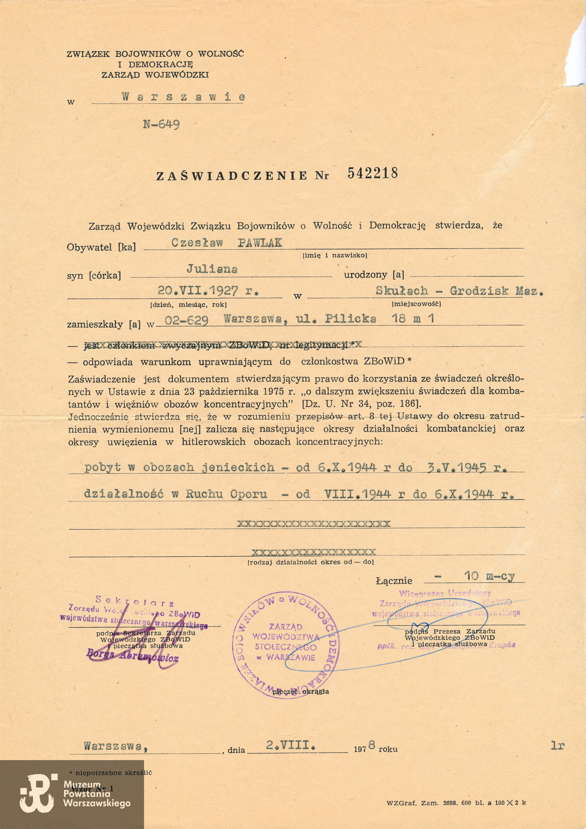 Zaświadczenie ZBoWiD, zaliczony okres służby: VIII - X 1944, następnie pobyt w obozach jenieckich do maja 1945. Ze zbiorów rodzinnych, skany wykonano w Dziale Kombatanta MPW