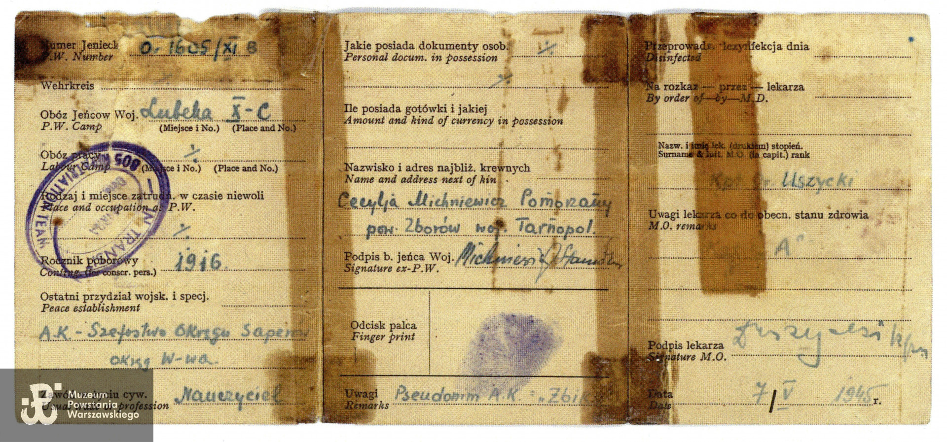 Legitymacji byłego jeńca wojennego (Identity-Card Ex Prisoner of War - zaświadczenie Polskich Sił Zbrojnych na Zachodzie nr  68161). Muzeum Powstania Warszawskiego, Teczki personalne uczestników Powstania Warszawskiego: Michniewicz Stanisław Kazimierz ps. Żbik, skan z kserokopii przekazanej przez córkę Powstańca