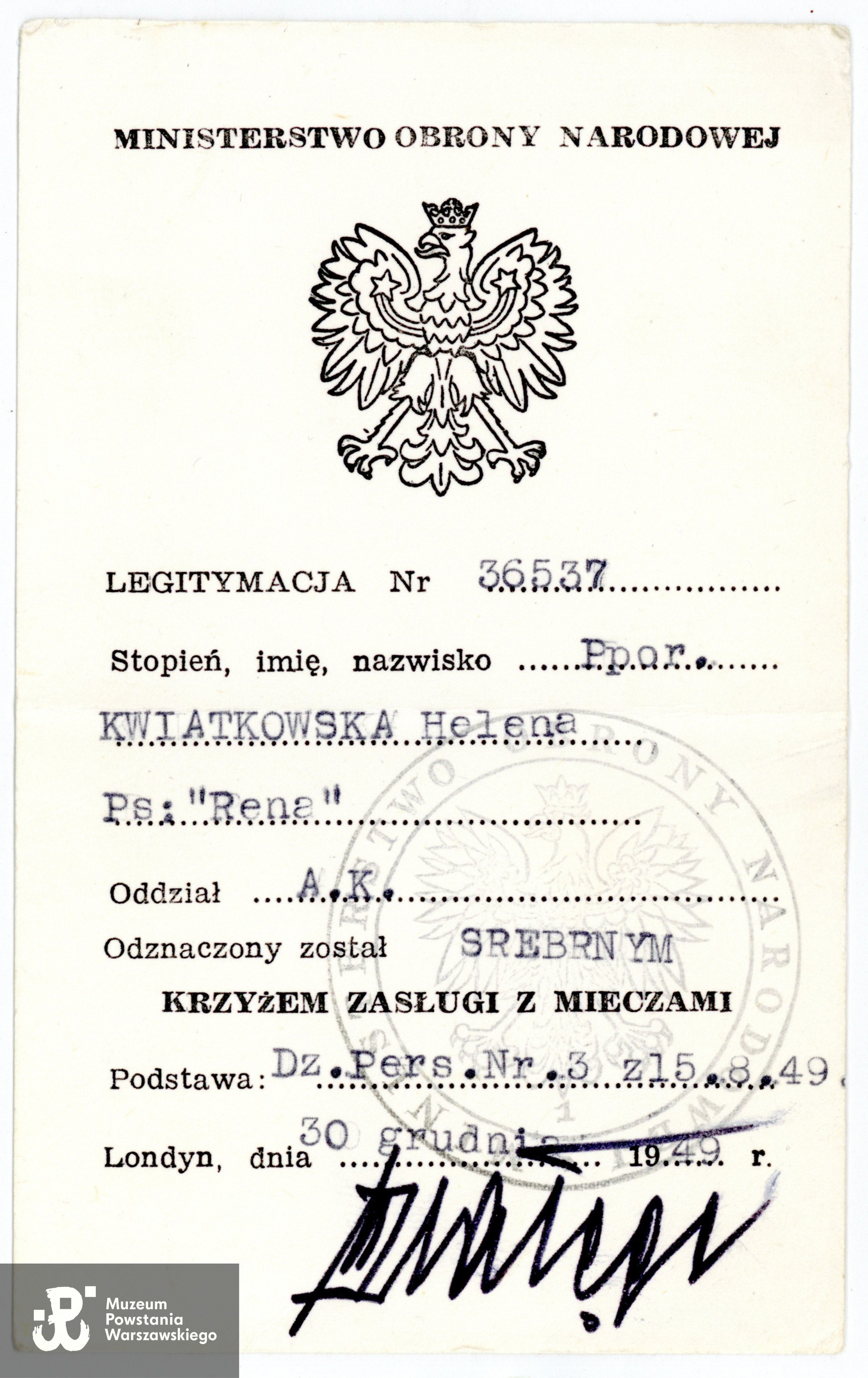 Legitymacja Odznaczeniowa - Srebrny Krzyż Zasługi z Mieczami